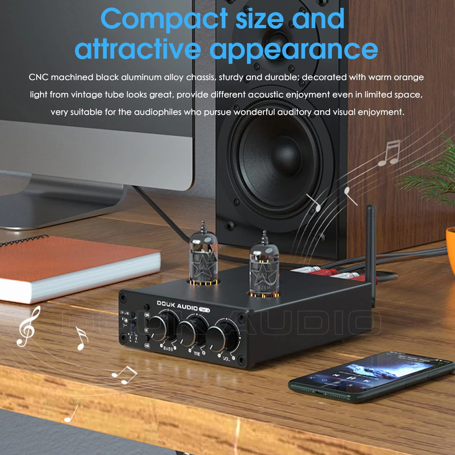 Douk Audio P6-mini HiFi Bluetooth przedwzmacniacz lampowy Mini Stereo Valve przedwzmacniacz Tube Preamp z kontrolą tonów wysokich i niskich do domowego systemu kinowego