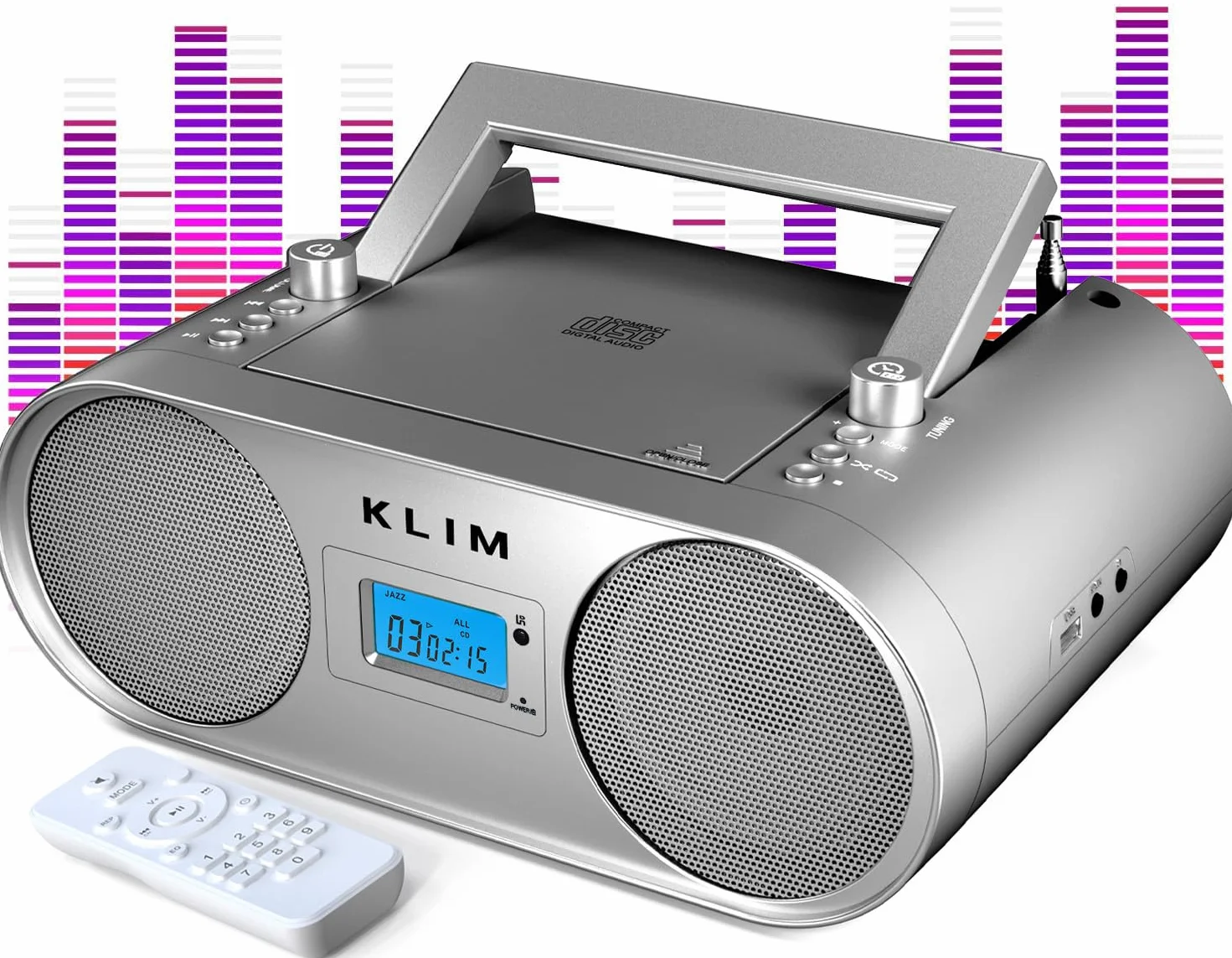KLIM Boombox B4 odtwarzacz CD przenośny system audio + radio AM/FM z odtwarzaczem CD, MP3, Bluetooth, AUX, USB + tryb przewodowy i bezprzewodowy, akumulator + pilot zdalnego sterowania, automatyczne