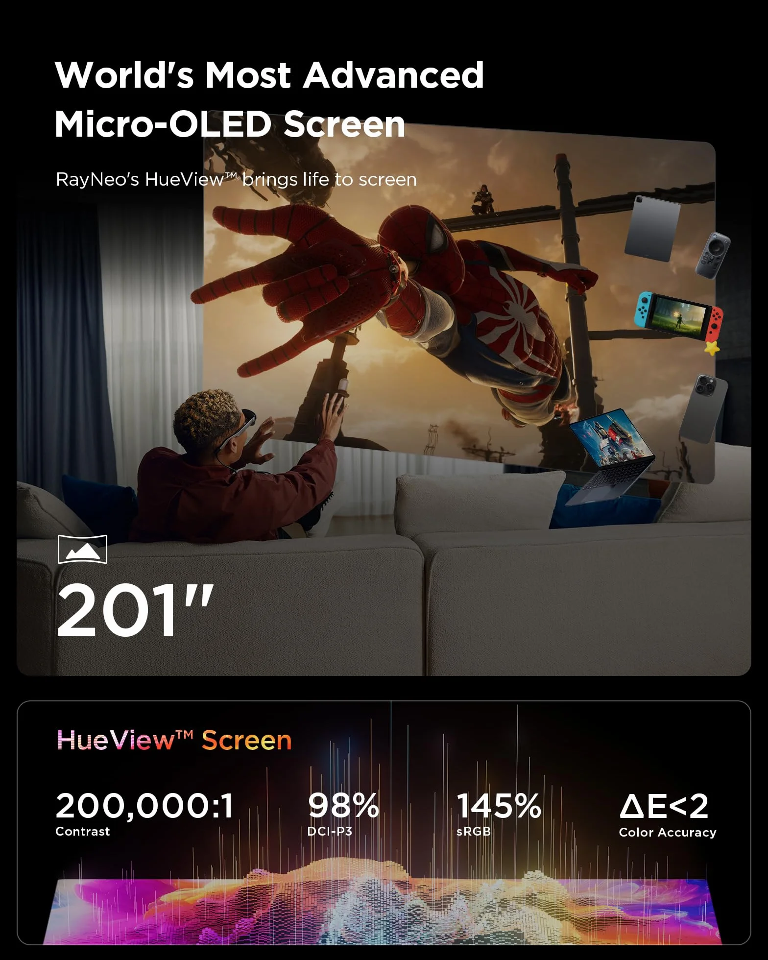RayNeo Air 3s Okulary AR/XR, 201" 120Hz FHD Wyświetlacz HueView, Przenośne Okulary Wideo AR do Gier dla iPhone 16/15, Android, Mac, PS5, Steam Deck - Przenośne Kino Nowej Generacji