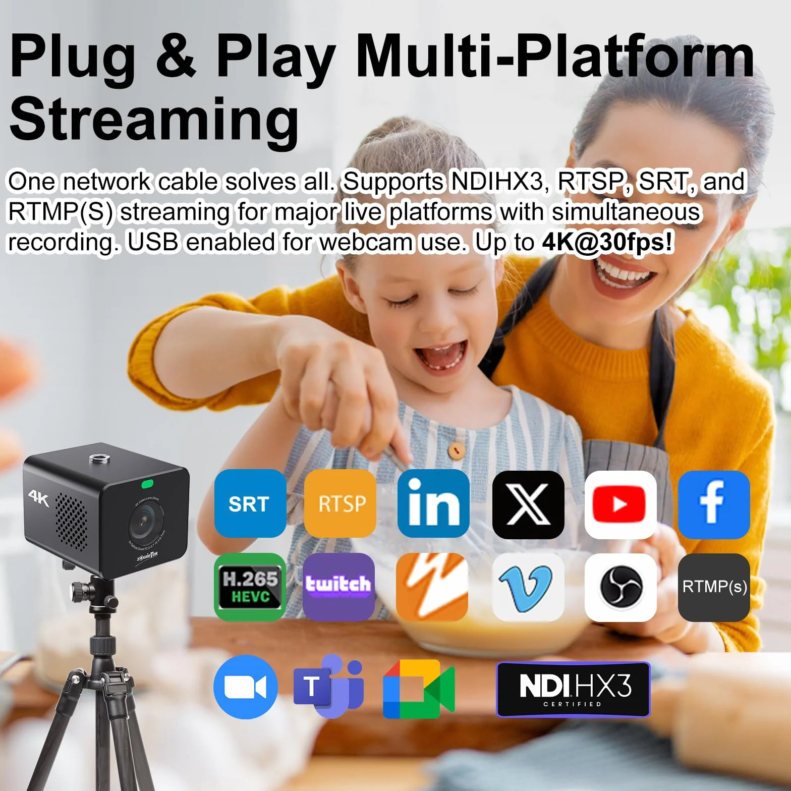 zowietek Kamera 4K POV z zoomem NDI|HX3, ZowieCam, automatyczne ustawianie ostrości, wyjście SDI, HDMI i UVC, 3-krotny zoom optyczny, kompaktowy rozmiar, mobilne elastyczne sterowanie, zasilanie PoE