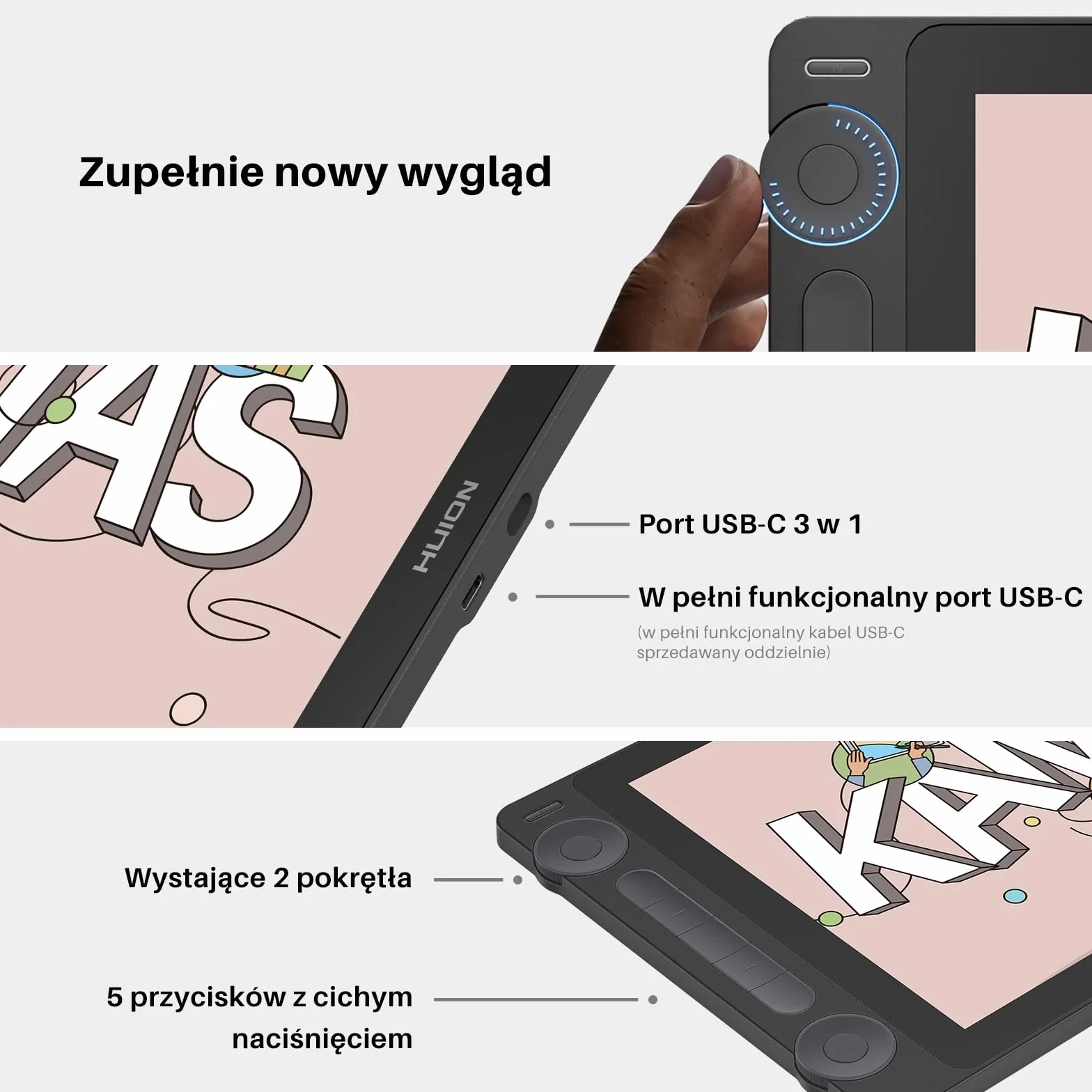 HUION Kamvas 13 (Gen 3) Tablet do rysowania ze szklanym ekranem Canvas 13,3″, pokrycie 99% sRGB, PenTech 4.0, 16384 naciski pióra, podwójne pokrętła i 5 klawiszy ekspresowych, czarny