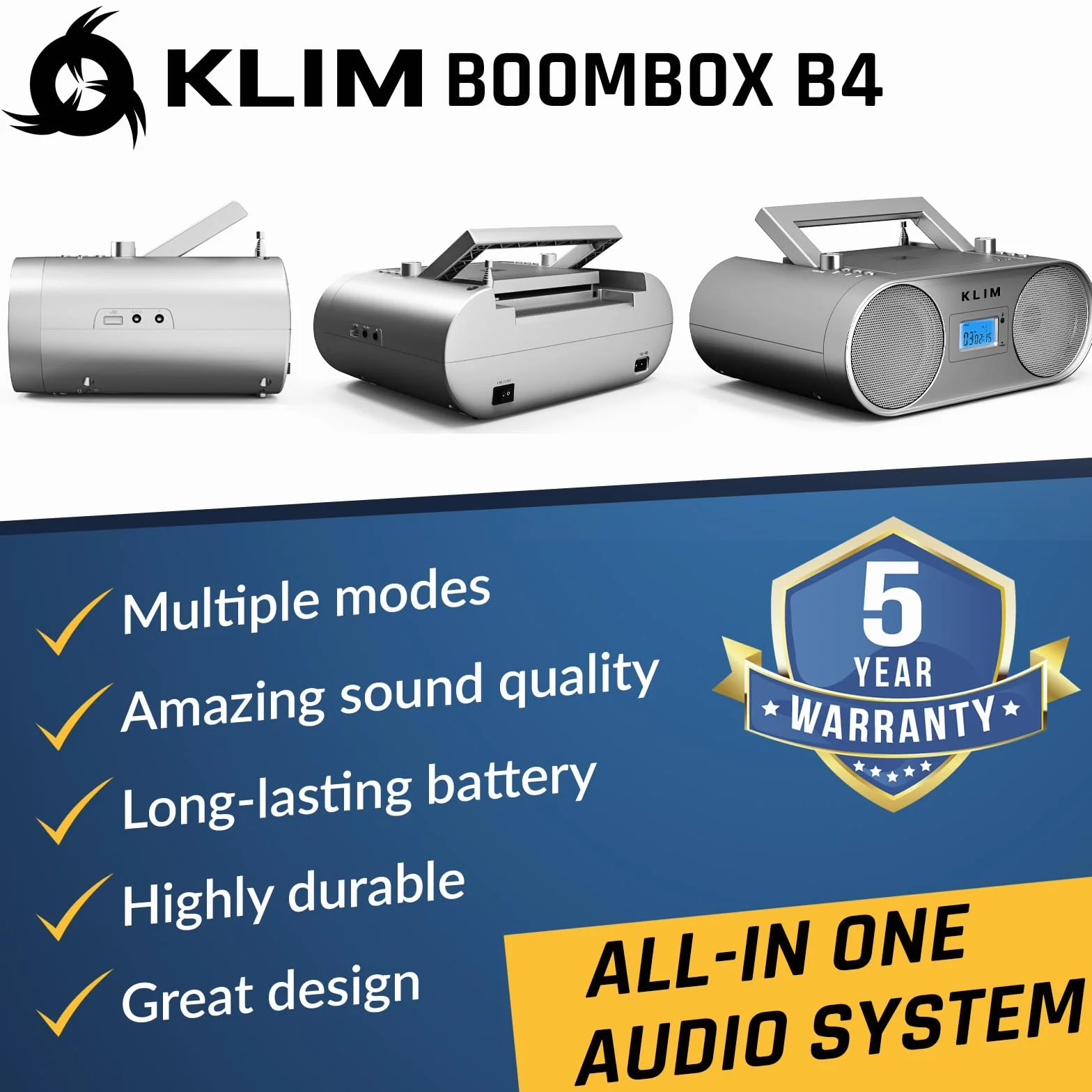 KLIM Boombox B4 odtwarzacz CD przenośny system audio + radio AM/FM z odtwarzaczem CD, MP3, Bluetooth, AUX, USB + tryb przewodowy i bezprzewodowy, akumulator + pilot zdalnego sterowania, automatyczne