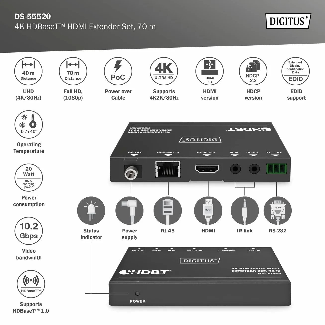 DIGITUS Przedłużacz HDMI - 4k/30Hz - Nadajnik i odbiornik - HDBaseT 1.0 - HDMI 1.4b - Zasięg do 70m - Kabel krosowy Cat 6 lub wyższy