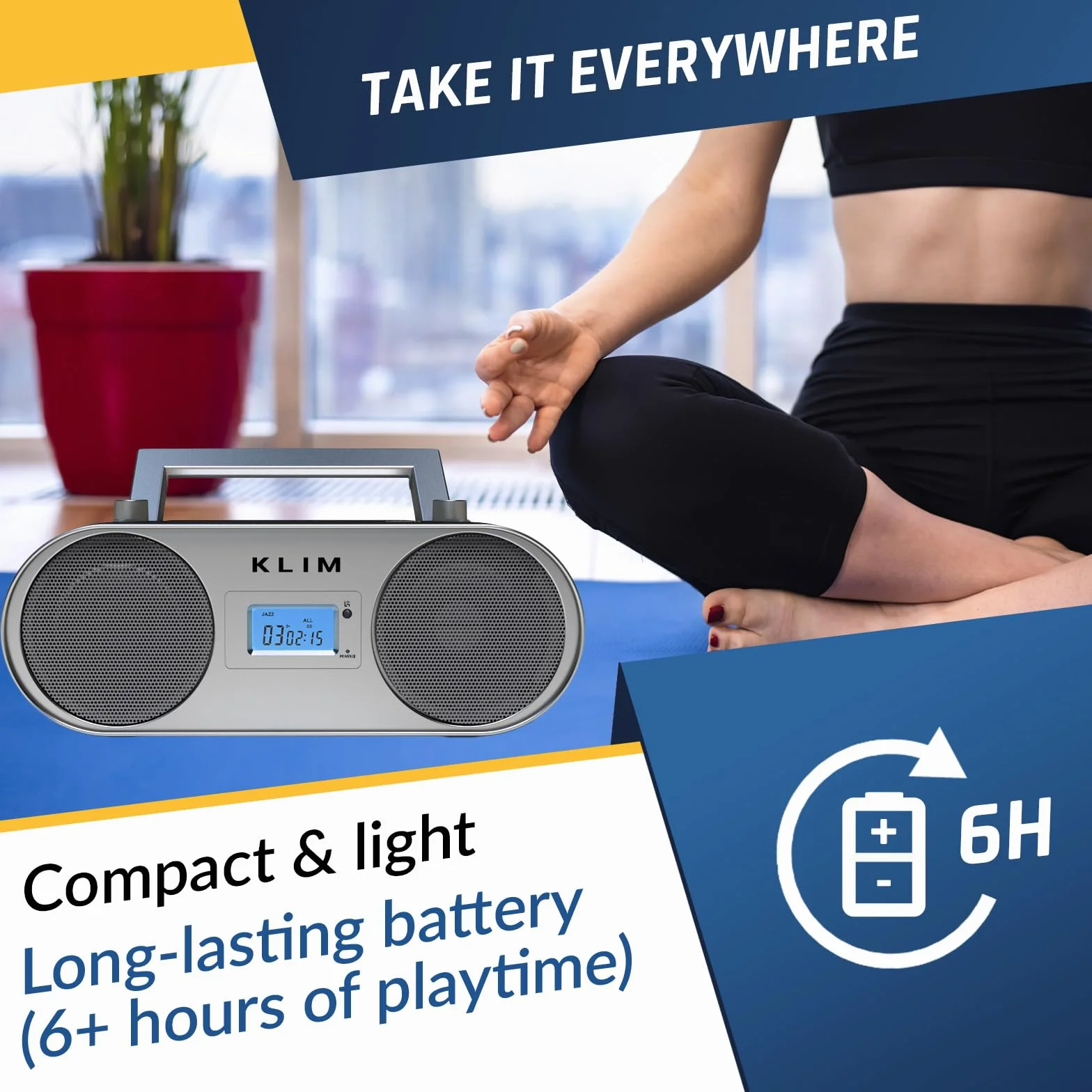 KLIM Boombox B4 odtwarzacz CD przenośny system audio + radio AM/FM z odtwarzaczem CD, MP3, Bluetooth, AUX, USB + tryb przewodowy i bezprzewodowy, akumulator + pilot zdalnego sterowania, automatyczne