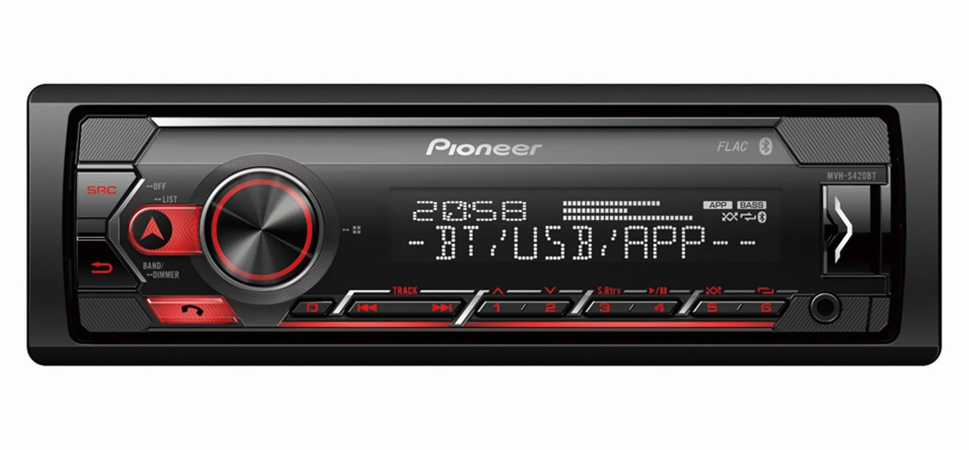 PIONEER Odbiornik 1-DIN z Bluetooth, czerwono-białe podświetlenie, gniazdo USB/3,5 mm, Spotify, Pioneer Aplikacja Smart Sync i kompatybilna z urządzeniami Apple i Android, czerwony/czarny, MVH-S420BT