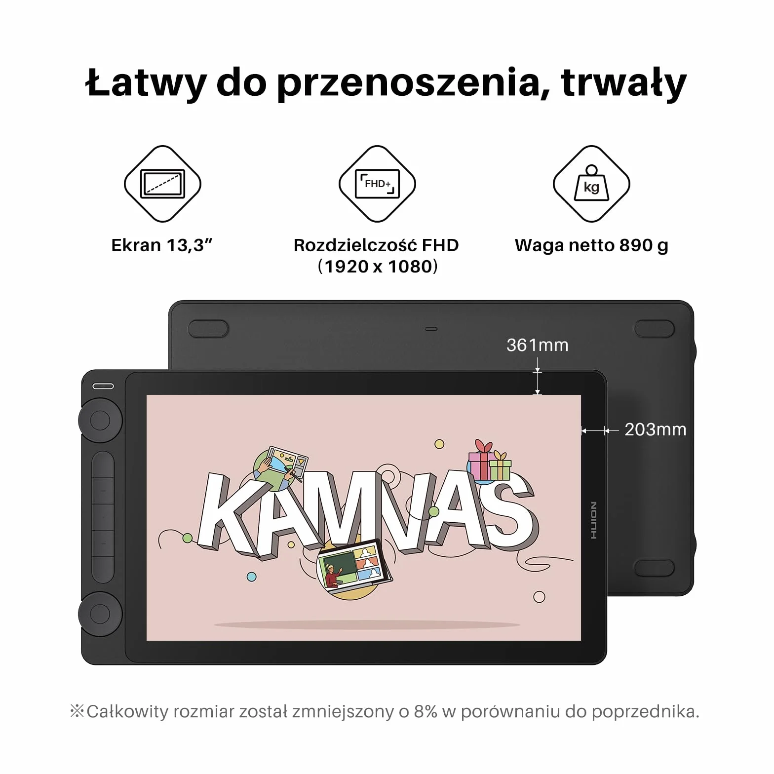 HUION Kamvas 13 (Gen 3) Tablet do rysowania ze szklanym ekranem Canvas 13,3″, pokrycie 99% sRGB, PenTech 4.0, 16384 naciski pióra, podwójne pokrętła i 5 klawiszy ekspresowych, czarny