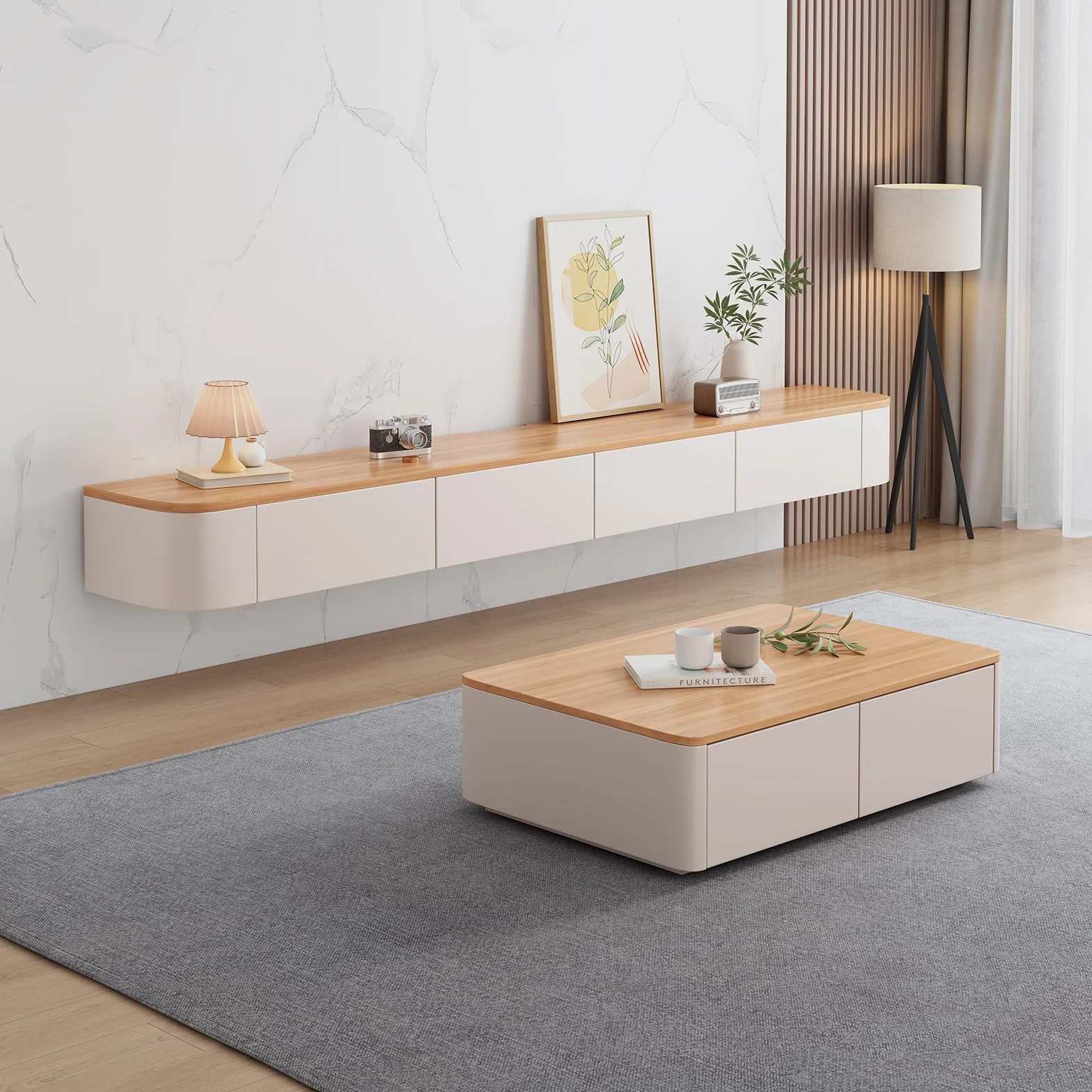 Floating TV Stand, Wall Mounted TV Shelves With Door,TV Media Console, Floating TV Cabinet Large Storage TV Bench Under TV(Wood,200CM/78.7")