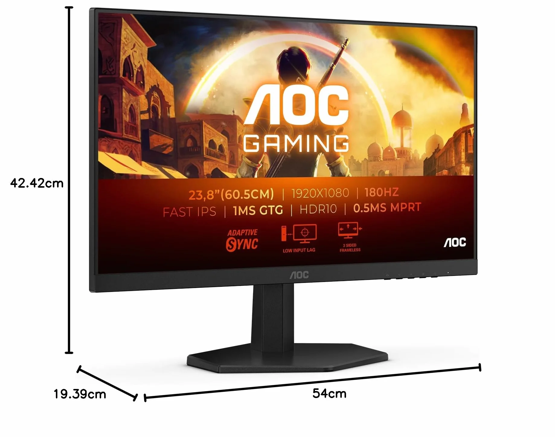 AOC Gaming 24G42E - 24-calowy monitor Full HD, 180 Hz, 1 ms, FreeSync Prem, G-Sync comp, HDR10 (1920 x 1080, 1 x HDMI 2.0, 1 x DisplayPort 1.4), czarny