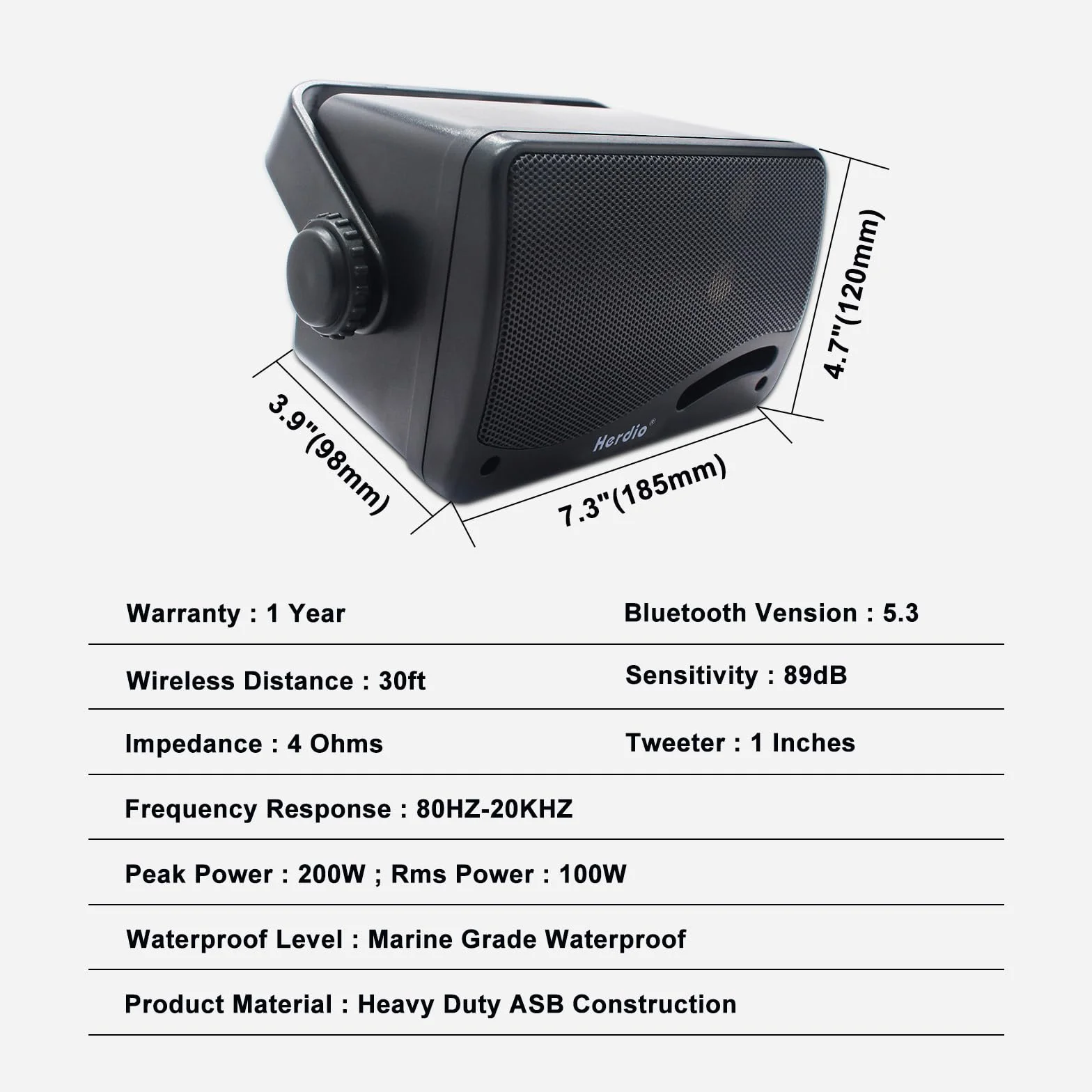 Herdio Głośnik zewnętrzny Bluetooth 3,5" 3-drożny 200 W wodoszczelny, odporny na warunki atmosferyczne do użytku na zewnątrz patio ogród taras łódź restauracja (1 para'