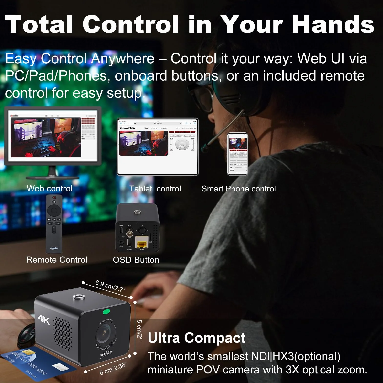 zowietek Kamera 4K POV z zoomem NDI|HX3, ZowieCam, automatyczne ustawianie ostrości, wyjście SDI, HDMI i UVC, 3-krotny zoom optyczny, kompaktowy rozmiar, mobilne elastyczne sterowanie, zasilanie PoE