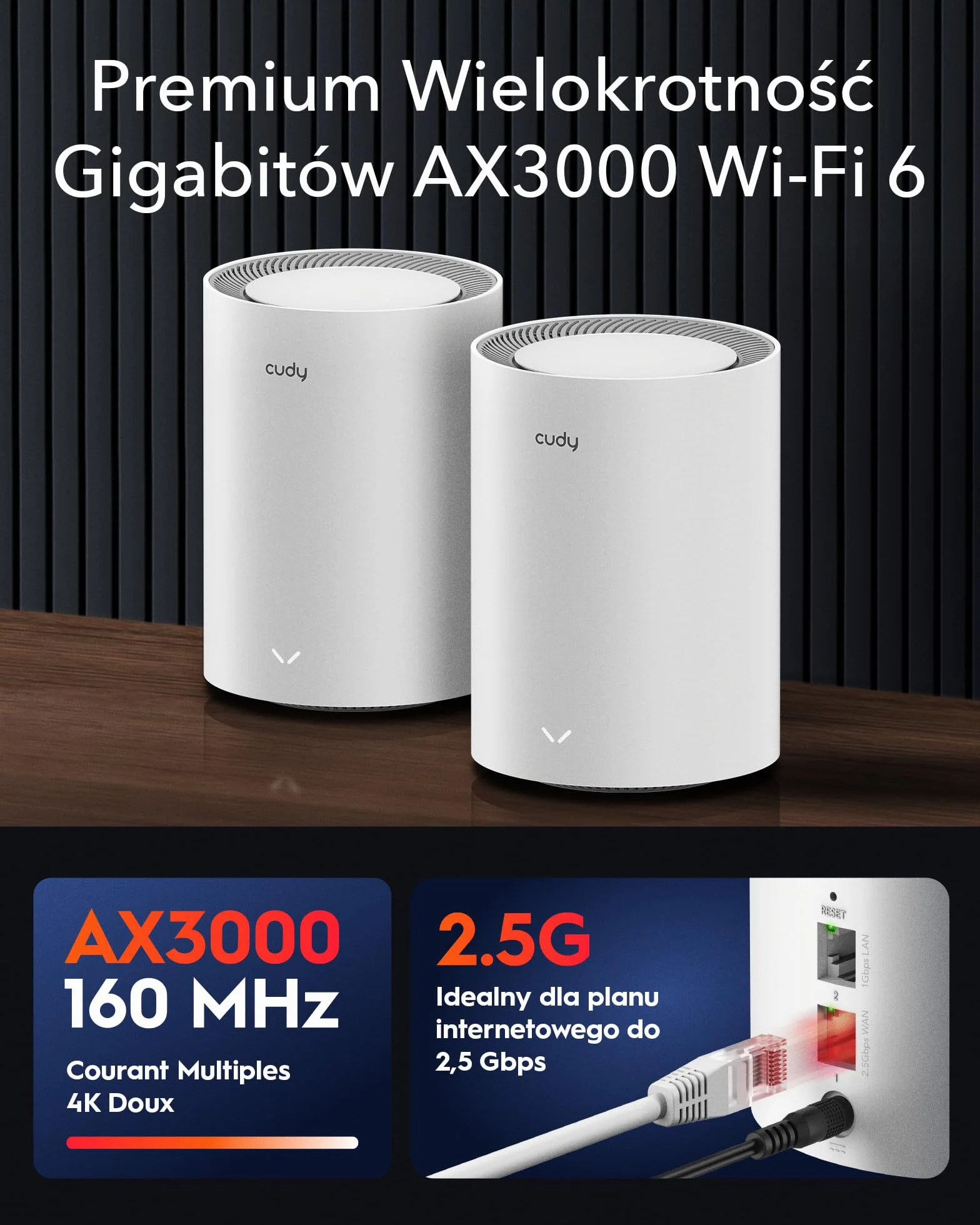 Cudy AX3000 2,5G System Siatki Wi-Fi 6, 2,5G WAN, Idealny Do Internetu 1Gig+, Wireguard, OpenVPN, Zerotier, CloudFlare, DDNS, M3000 3-Pakiet