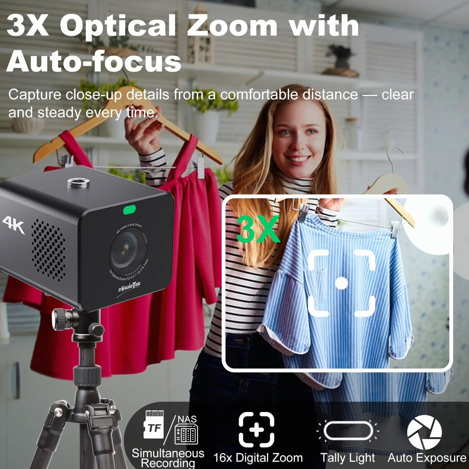 zowietek Kamera 4K POV z zoomem NDI|HX3, ZowieCam, automatyczne ustawianie ostrości, wyjście SDI, HDMI i UVC, 3-krotny zoom optyczny, kompaktowy rozmiar, mobilne elastyczne sterowanie, zasilanie PoE