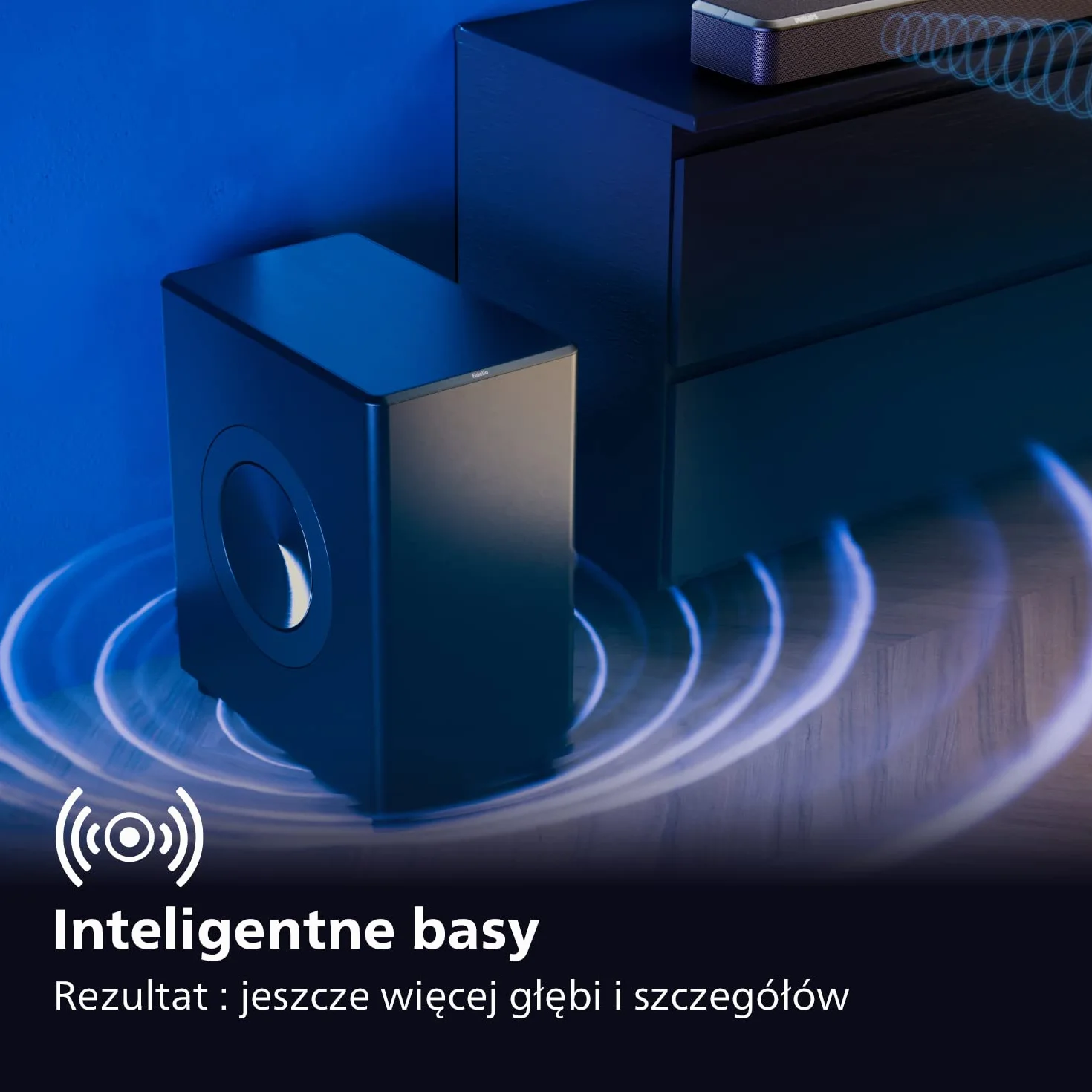 Philips FW1 | Bezprzewodowy Subwoofer | Cinematic Sound | Głębokie basy | Piękne Wzornictwo | moc wyjściowa 420 W | Czarny