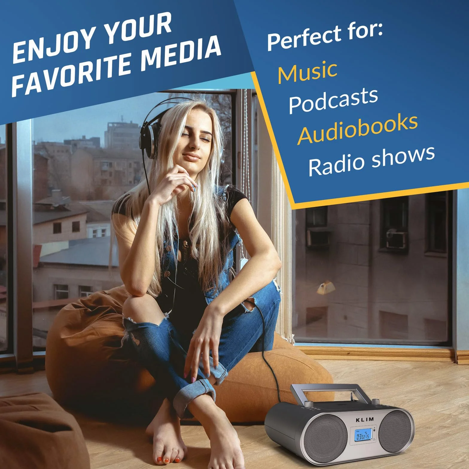 KLIM Boombox B4 odtwarzacz CD przenośny system audio + radio AM/FM z odtwarzaczem CD, MP3, Bluetooth, AUX, USB + tryb przewodowy i bezprzewodowy, akumulator + pilot zdalnego sterowania, automatyczne
