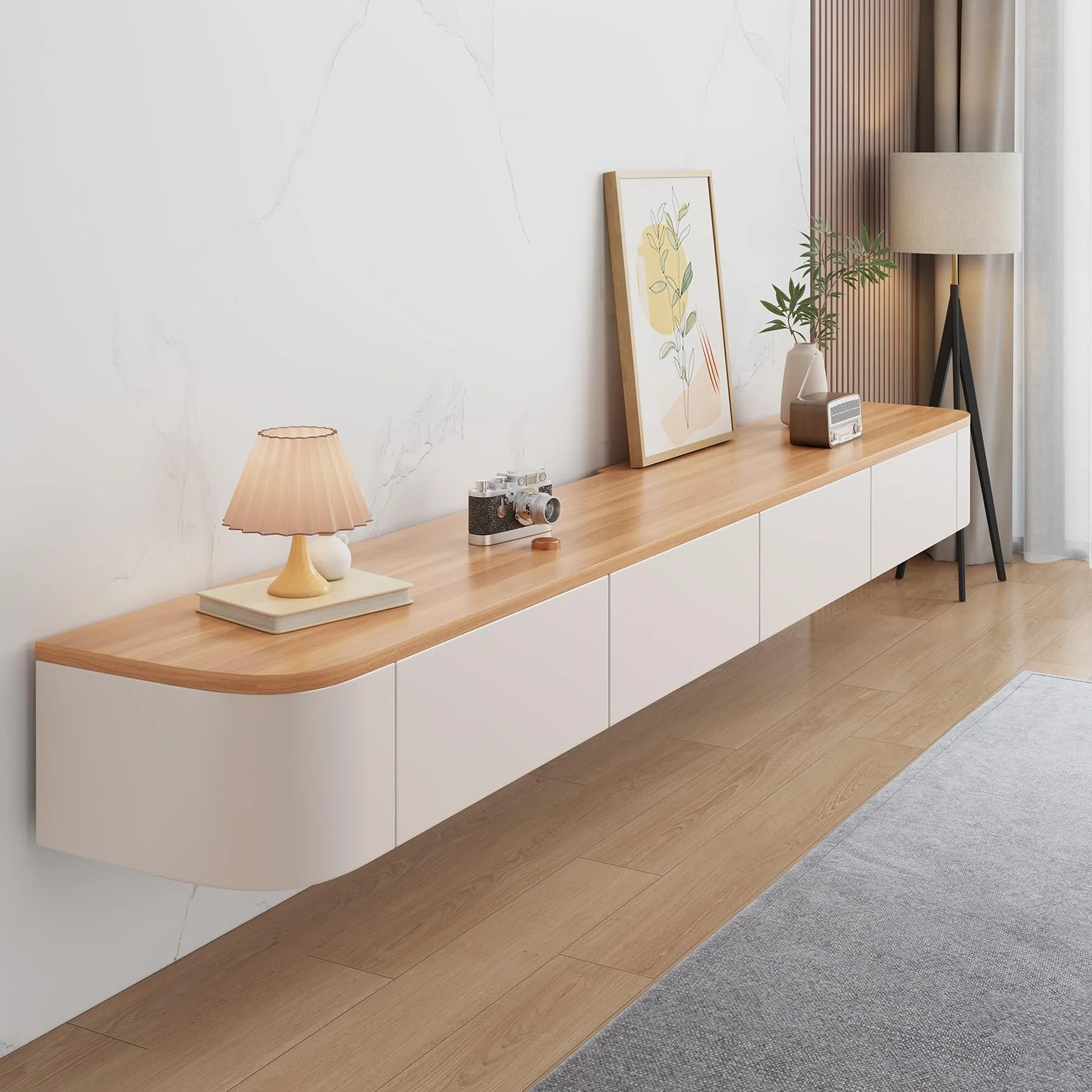 Floating TV Stand, Wall Mounted TV Shelves With Door,TV Media Console, Floating TV Cabinet Large Storage TV Bench Under TV(Wood,200CM/78.7")