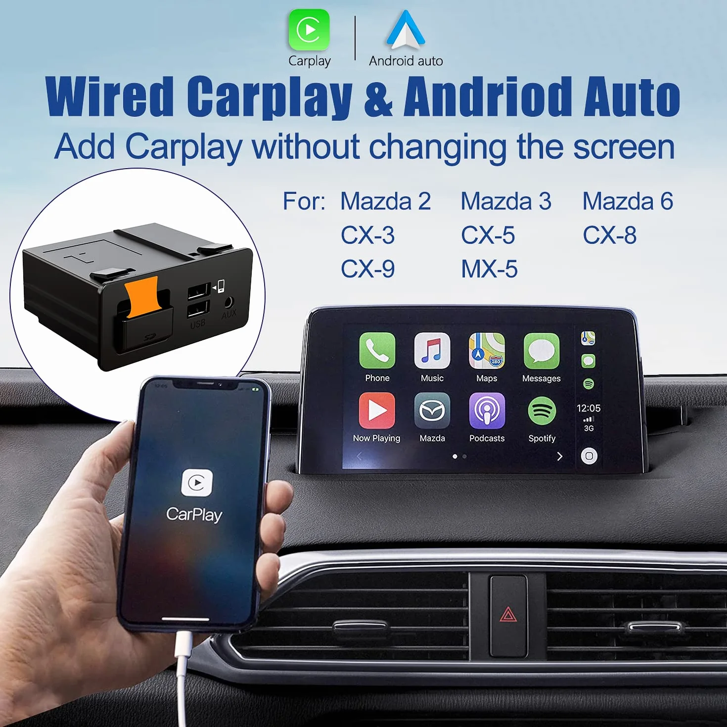 Zestaw naprawczy Mazda Carplay i Android Auto, Hub OEM TK78-66-9U0C pasuje do systemu MZD Connect, 00008FZ34, adapter Apple Carplay kompatybilny z Mazda 2/3/6/CX3/CX5/CX9 5 lat 2014-2020