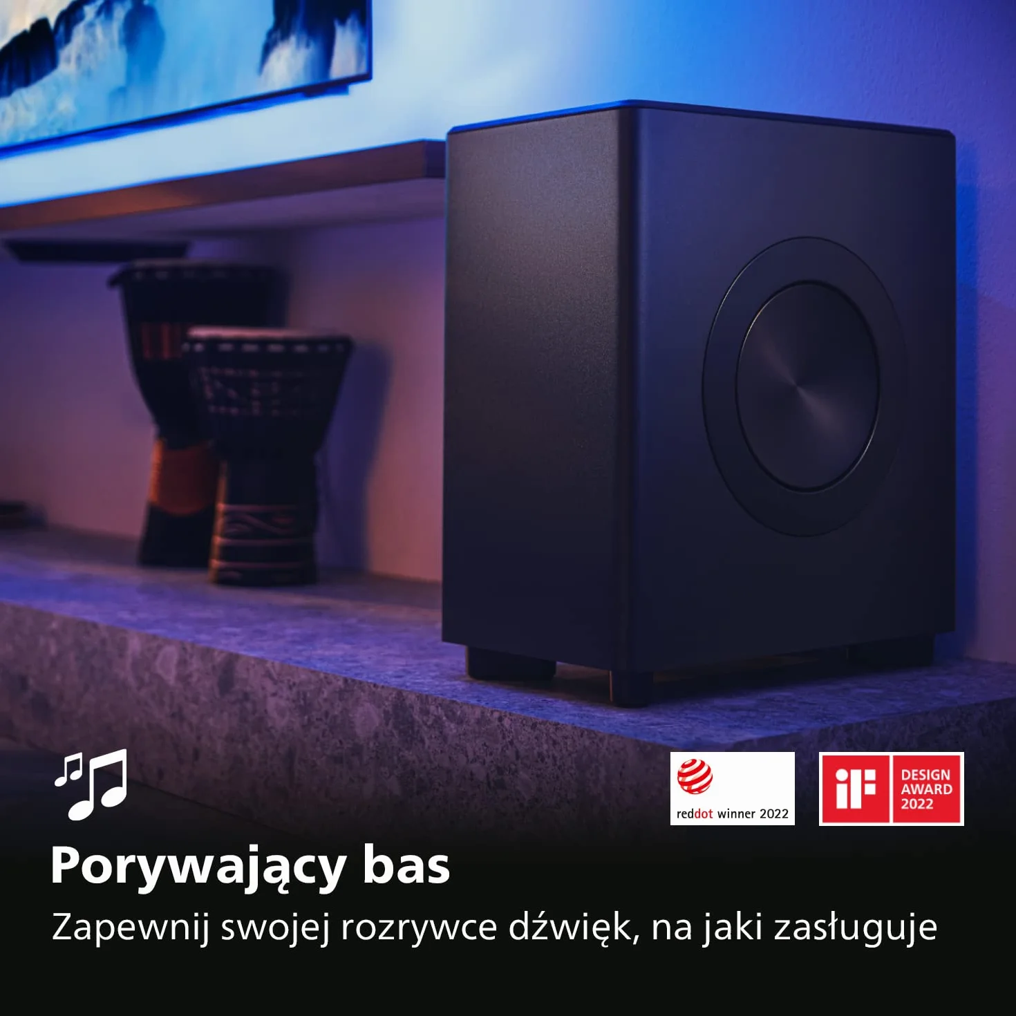 Philips FW1 | Bezprzewodowy Subwoofer | Cinematic Sound | Głębokie basy | Piękne Wzornictwo | moc wyjściowa 420 W | Czarny