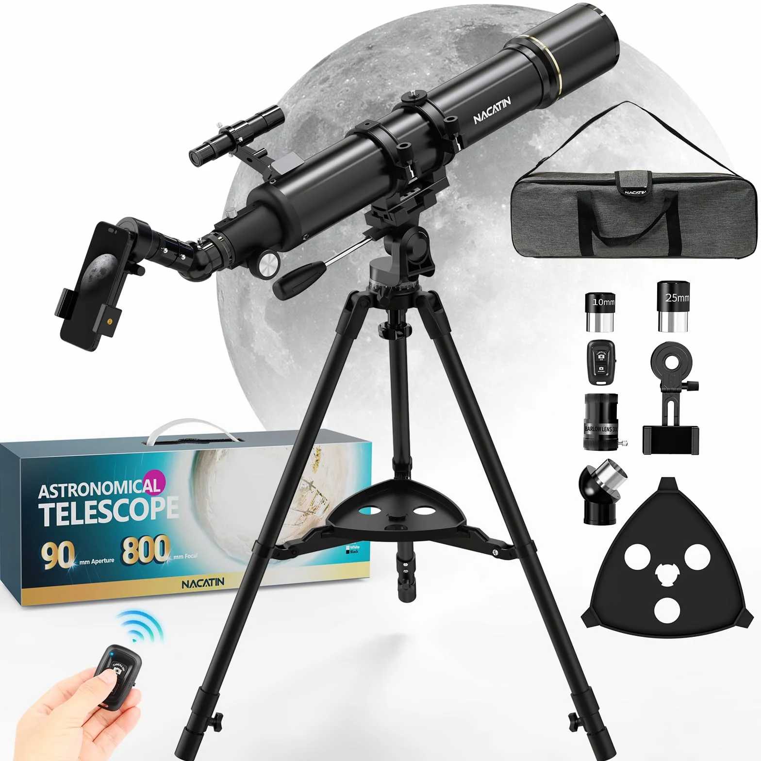 Teleskop astronomiczny dla dorosłych i początkujących – otwór 90 mm, refraktor 800 mm, z powiększeniem 32X-240X, stabilny żelazny statyw, adapter do smartfona i plecak – na księżyc, planety i gwiazdy