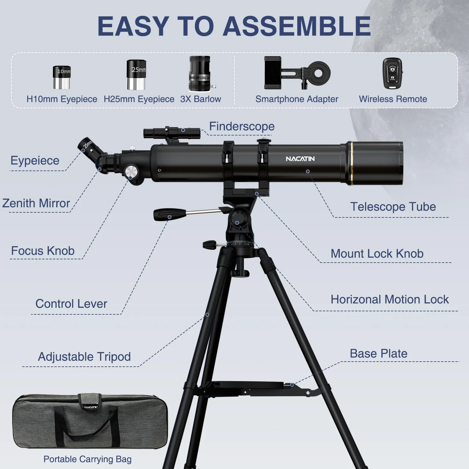 Teleskop astronomiczny dla dorosłych i początkujących – otwór 90 mm, refraktor 800 mm, z powiększeniem 32X-240X, stabilny żelazny statyw, adapter do smartfona i plecak – na księżyc, planety i gwiazdy