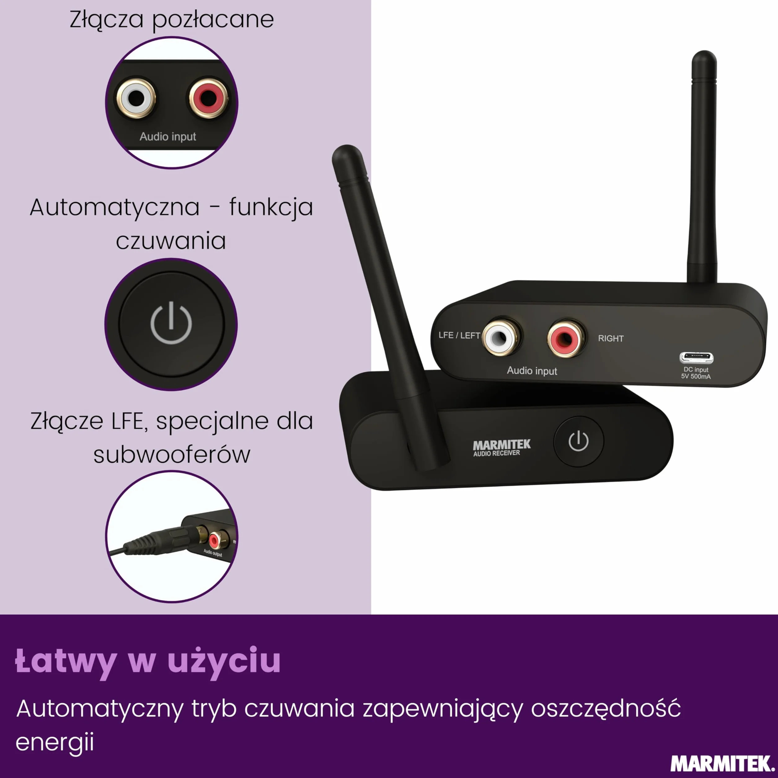 Zestaw bezprzewodowy do subwoofera Marmitek Subwoofer Anywhere 640 - Sub aktywny LFE/Line - Cyfrowa stabilna transmisja, pozłacane RCA, auto standby - USB-C
