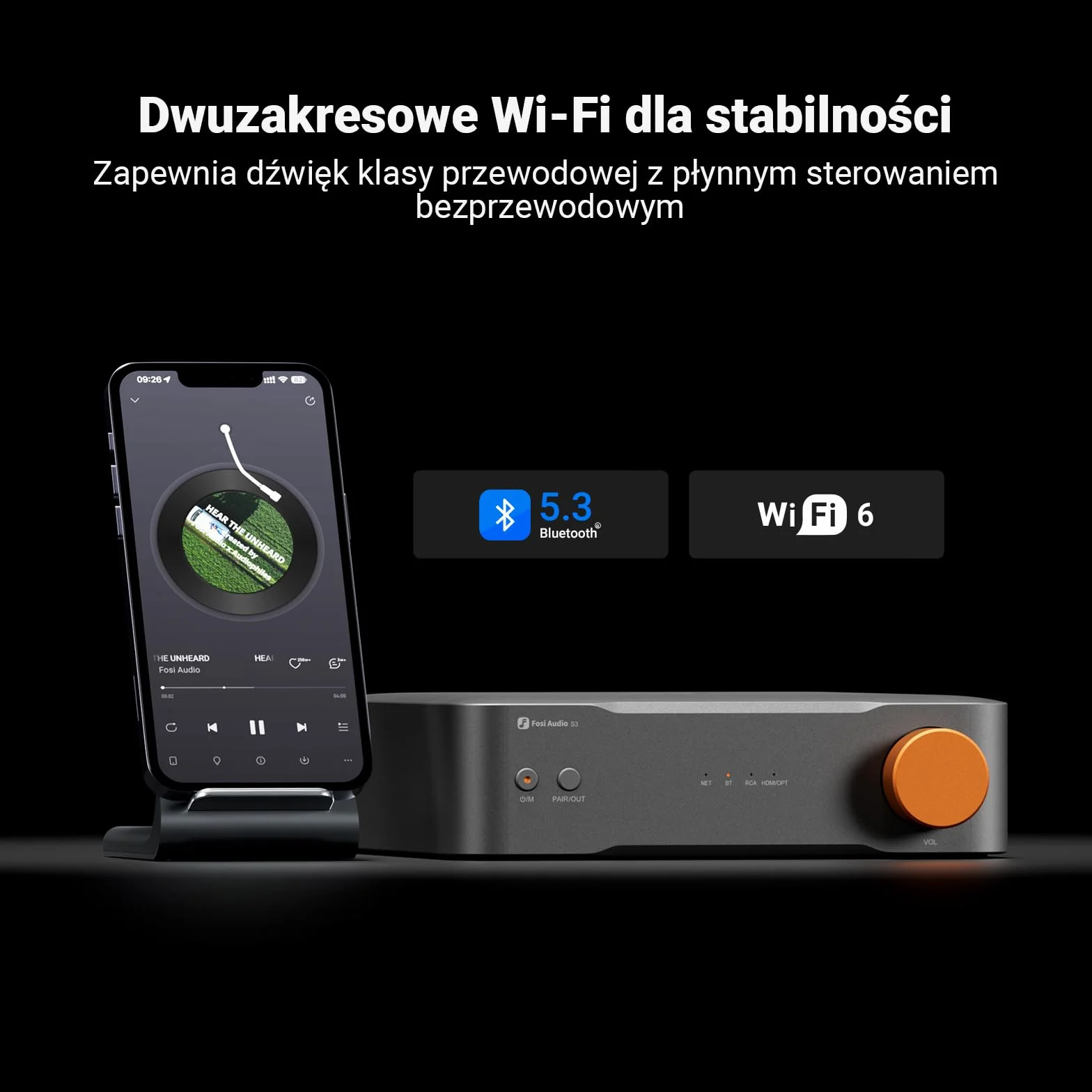 Fosi Audio S3 HiFi Music Streamer DAC Preamp, DAC Wi-Fi 6 Bluetooth 5.3, Transporter Cyfrowy Z Wyjściem XLR Zbalansowanym/Optycznym/Sub/HDMI eARC, AirPlay 2 Spotify Connect Tidal, Korektor 5-Pasmowy