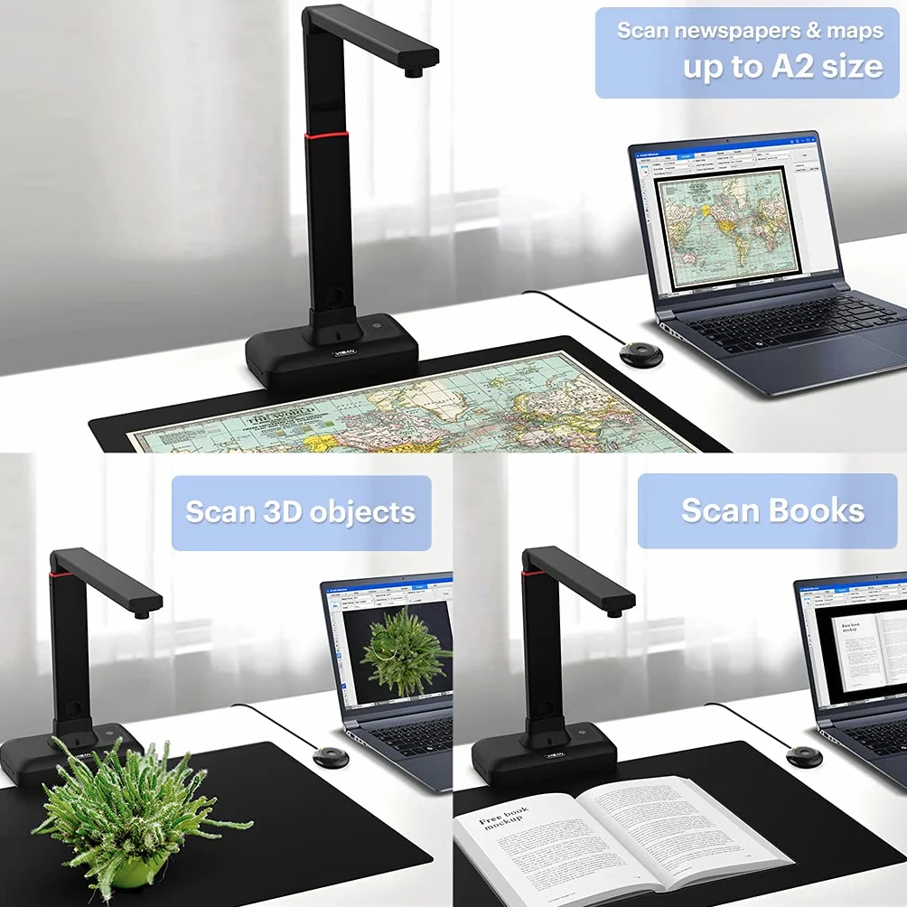 VIISAN S21 A2 Skaner napowietrzny, 23 MP i 600 dpi, automatyczna korekta strony, OCR w ponad 130 językach, światło LED, idealny do archiwizacji, szkoły i biura