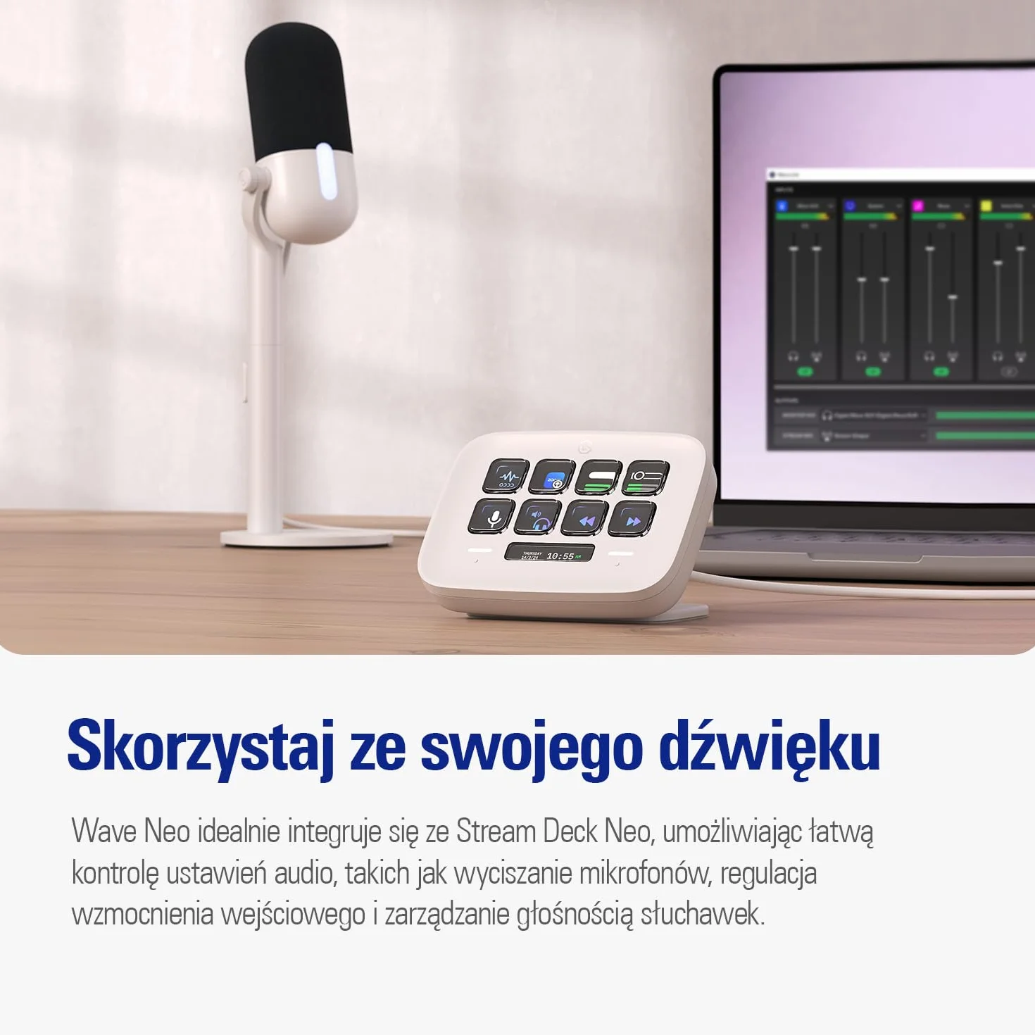 Elgato Wave Neo – mikrofon pojemnościowy USB, wyciszanie dotknięciem, gry, transmisje, spotkania, nagrywanie głosu, Teams/Zoom/OBS/Twitch/YouTube itp., Plug-'n-Play, laptop, PC, Mac, iPad, iPhone