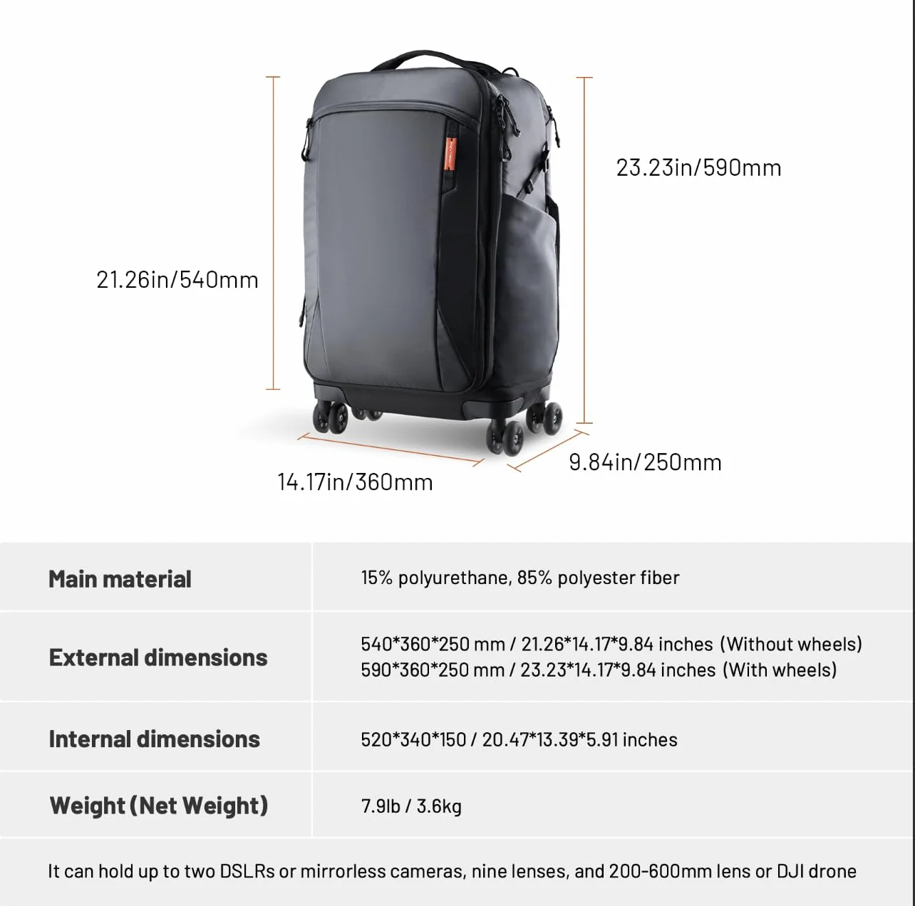 PGYTECH Plecak fotograficzny 2 w 1 z kółkami, DSLR/SLR/bezlusterkowiec/statyw, plecak-trolley do podróży dla fotografów, z ochroną przed deszczem, kompatybilny z laptopem 17", Canon, Nikon, Sony