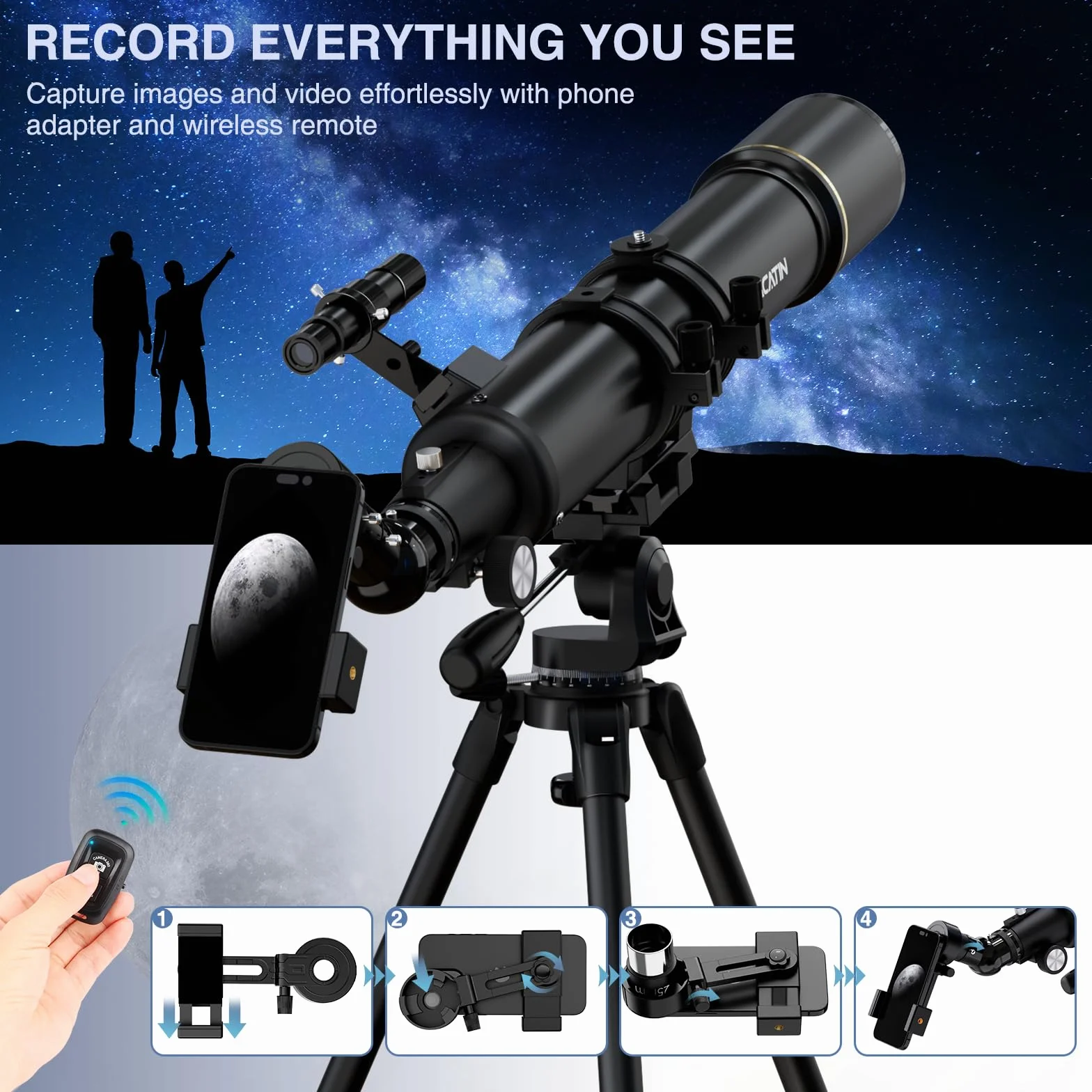Teleskop astronomiczny dla dorosłych i początkujących – otwór 90 mm, refraktor 800 mm, z powiększeniem 32X-240X, stabilny żelazny statyw, adapter do smartfona i plecak – na księżyc, planety i gwiazdy