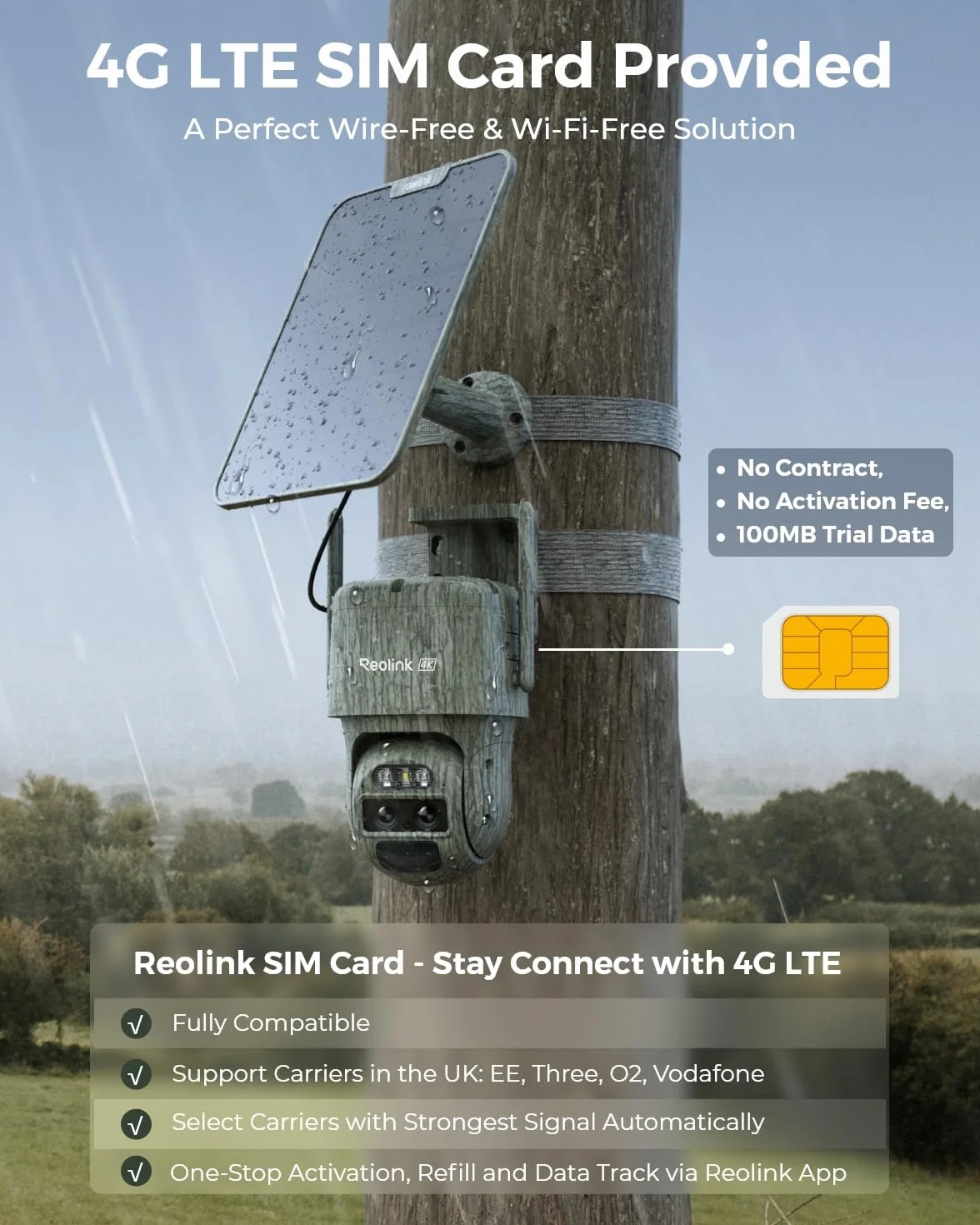 Reolink Komórkowa kamera bezpieczeństwa 4K 4G LTE zewnętrzna bezprzewodowa z kartą SIM, zasilanie bateryjne, bez kamery WiFi, 6-krotny zoom, automatyczne śledzenie, nieświecący podczerwień, IP66 do