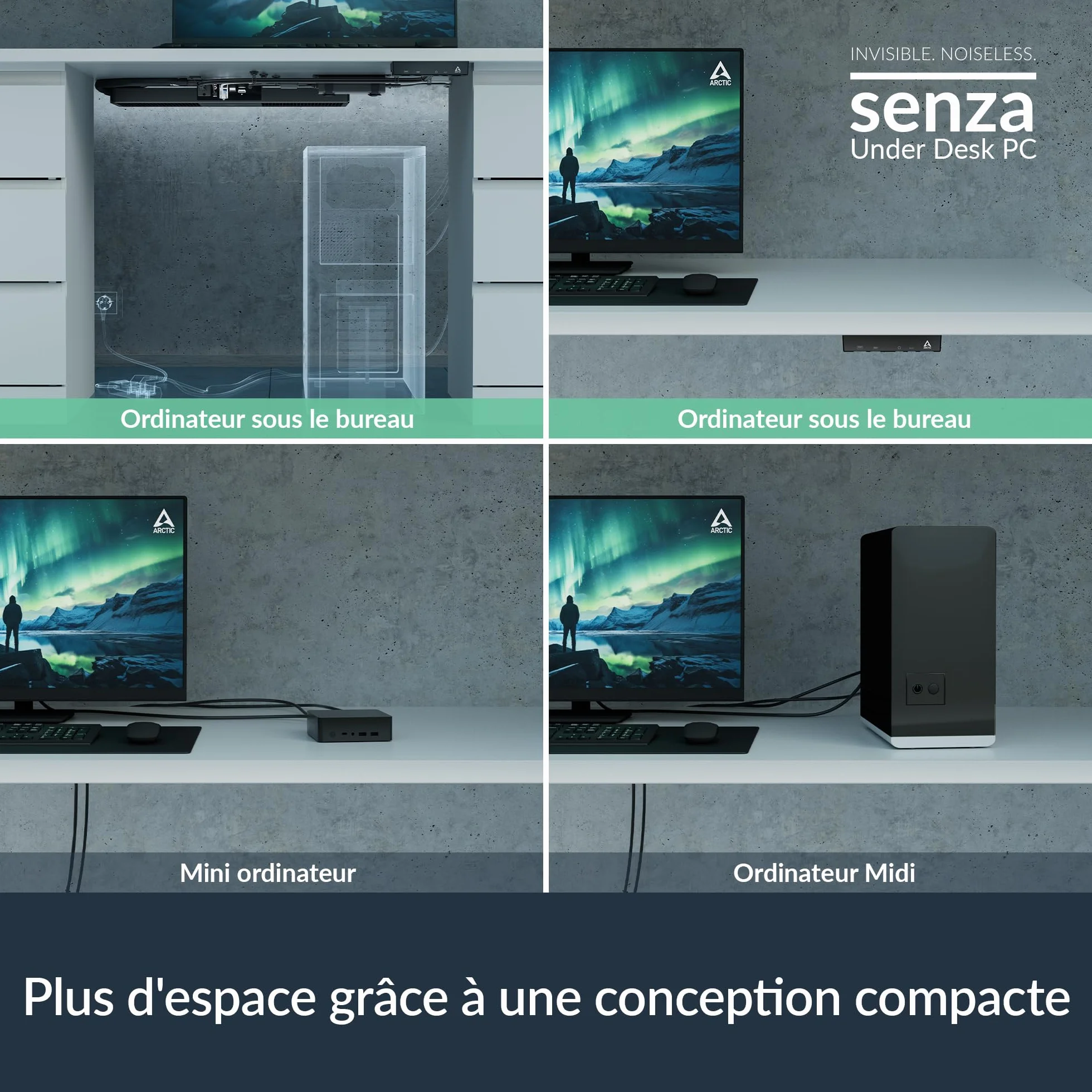 ARCTIC Senza 5700G - Pasywnie chłodzony, cichy komputer stacjonarny do montażu pod stołem, Windows 11 Home, AMD Ryzen 7 5700G, 8 Cores, 3,80–4,60GHz, 32 GB DDR4 RAM, 1 TB M.2 SSD, 2.5G LAN, USB 3.2