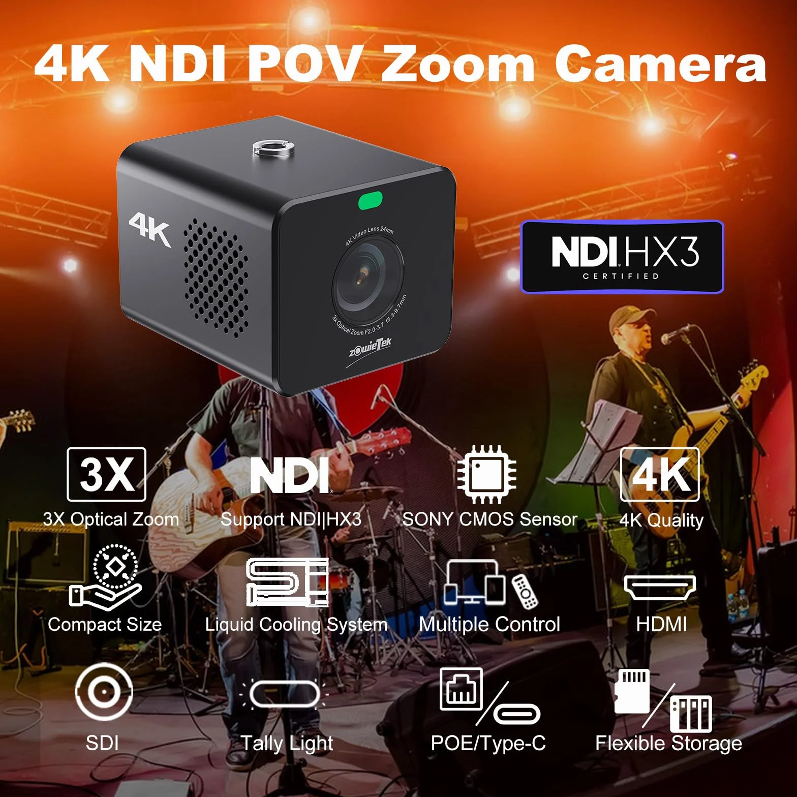 zowietek Kamera 4K POV z zoomem NDI|HX3, ZowieCam, automatyczne ustawianie ostrości, wyjście SDI, HDMI i UVC, 3-krotny zoom optyczny, kompaktowy rozmiar, mobilne elastyczne sterowanie, zasilanie PoE