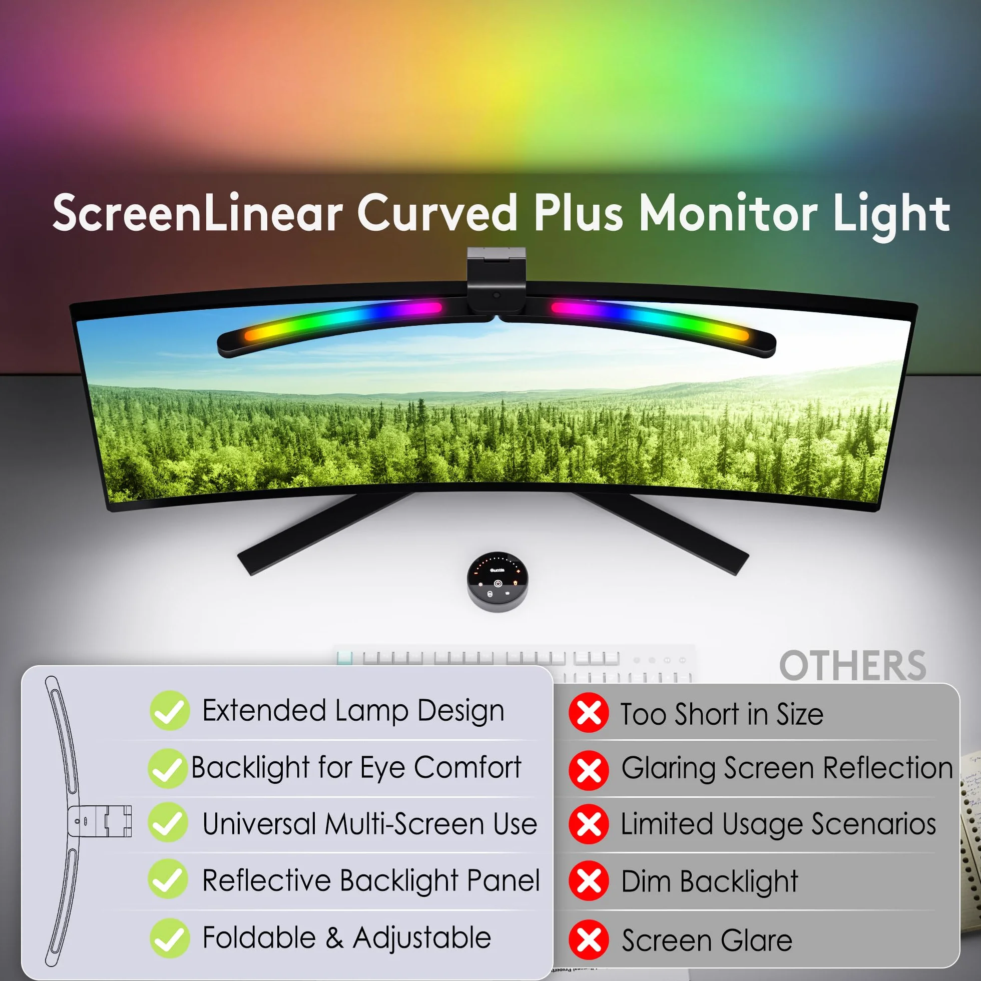 Quntis 66CM zakrzywiona lampa do monitora z pilotem i podświetleniem RGB, składana lampa do monitora z automatycznym ściemnianiem, regulowaną jasnością i temperaturą barwową