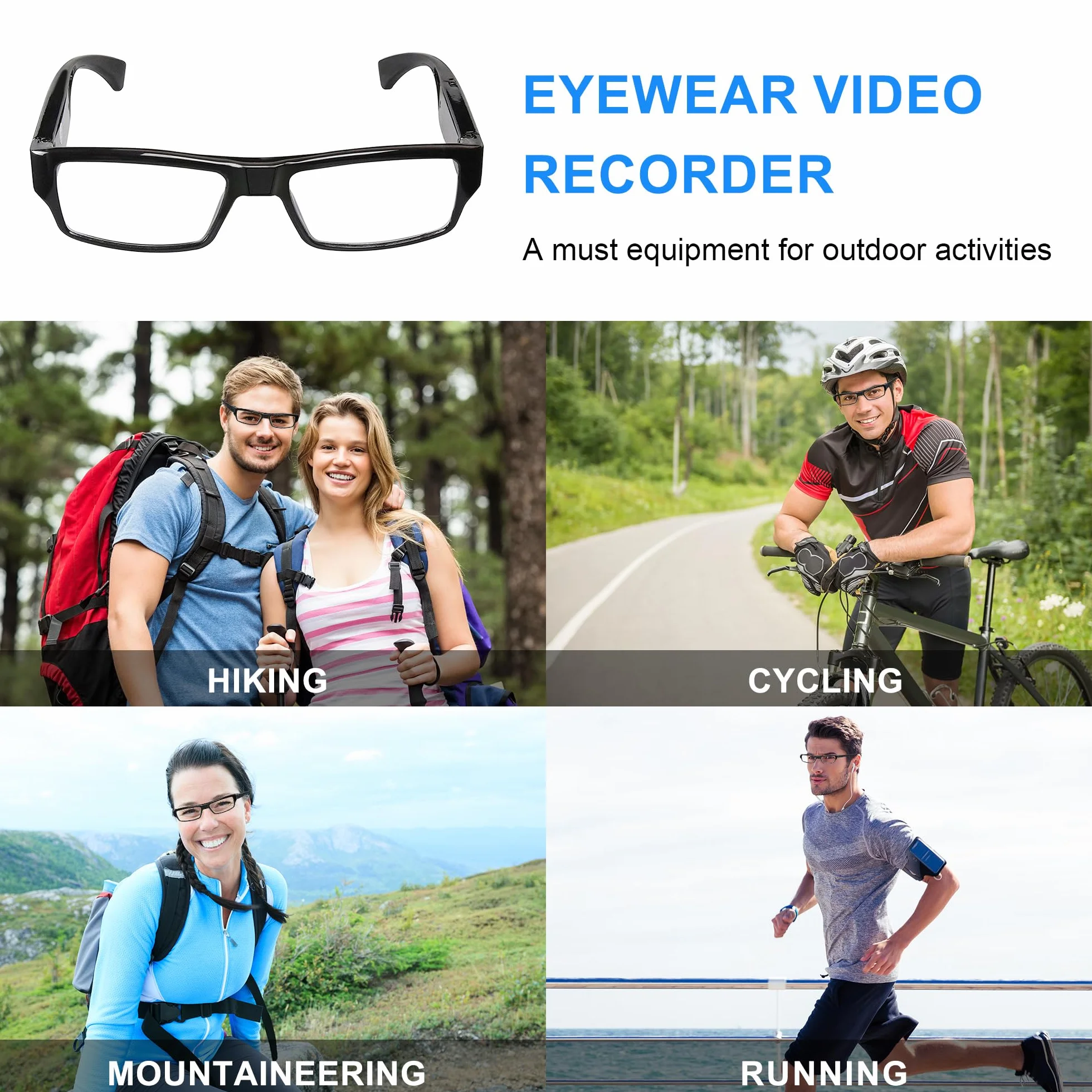 Okulary szpiegowskie z wsparciem wideo, karta TF do 256GB, okulary z kamerą wideo 1080P, przenośny rejestrator wideo (w zestawie karta TF 32GB)