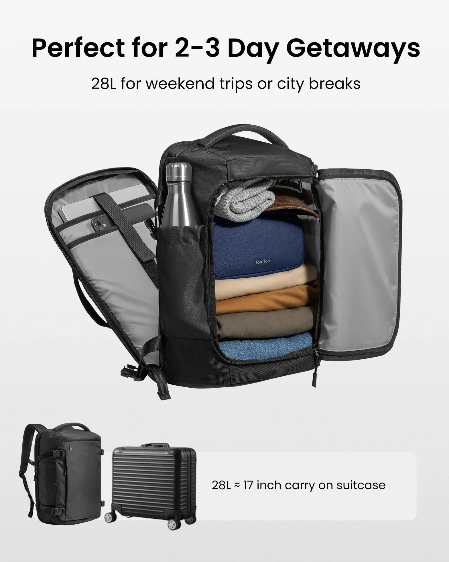 tomtoc Plecak podróżny 28 l, zatwierdzony przez TSA, do użytku w kabinie Easyjet, pod siedzeniem, 45x36x20, Ryanair, 40x20x25, bagaż podręczny, wodoodporny, lekki, biznesowy, mieści laptopa 16 cali