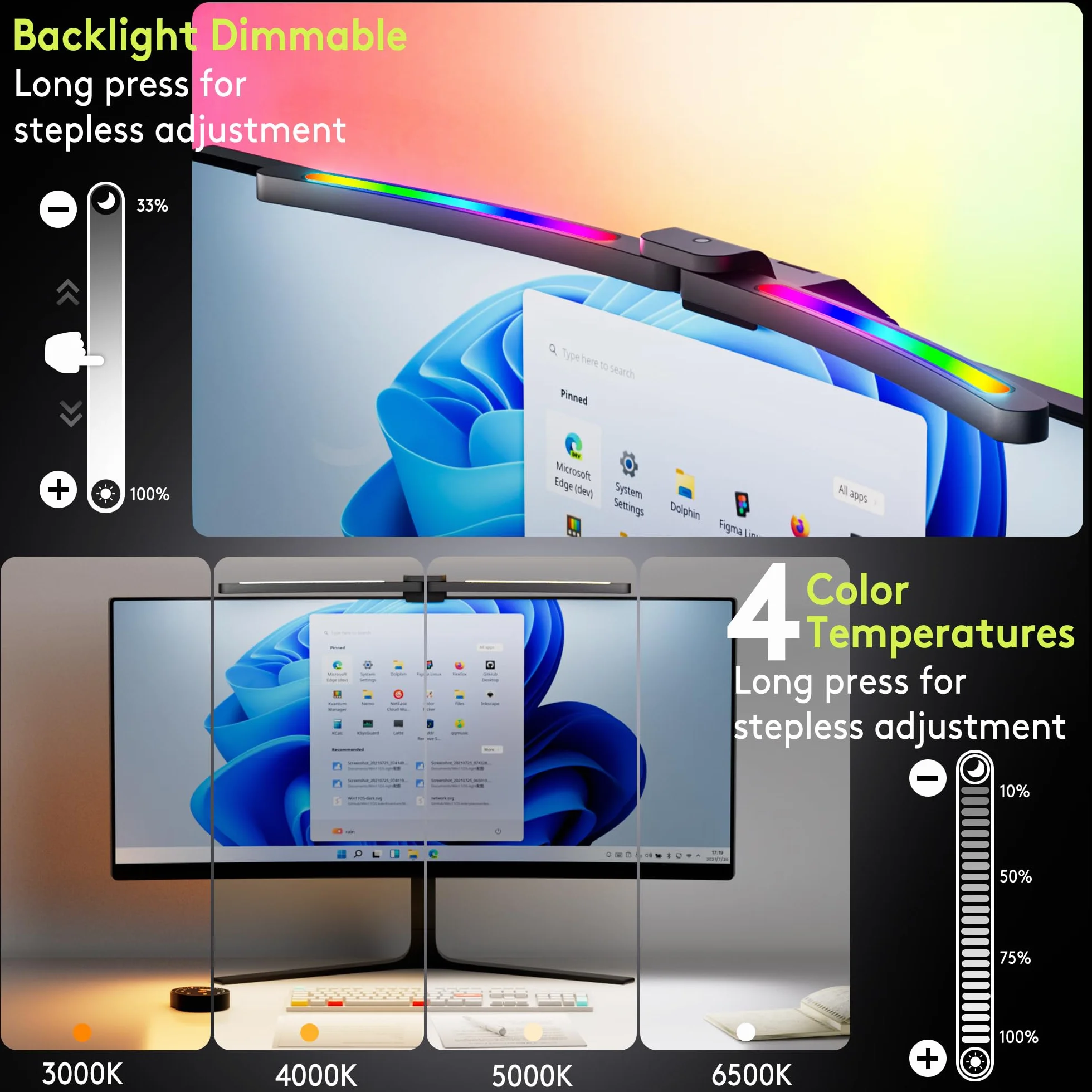 Quntis 66CM zakrzywiona lampa do monitora z pilotem i podświetleniem RGB, składana lampa do monitora z automatycznym ściemnianiem, regulowaną jasnością i temperaturą barwową