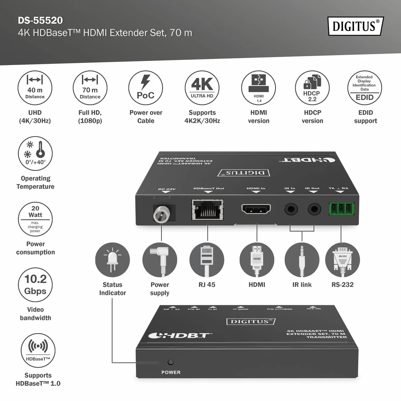 DIGITUS Przedłużacz HDMI - 4k/30Hz - Nadajnik i odbiornik - HDBaseT 1.0 - HDMI 1.4b - Zasięg do 70m - Kabel krosowy Cat 6 lub wyższy