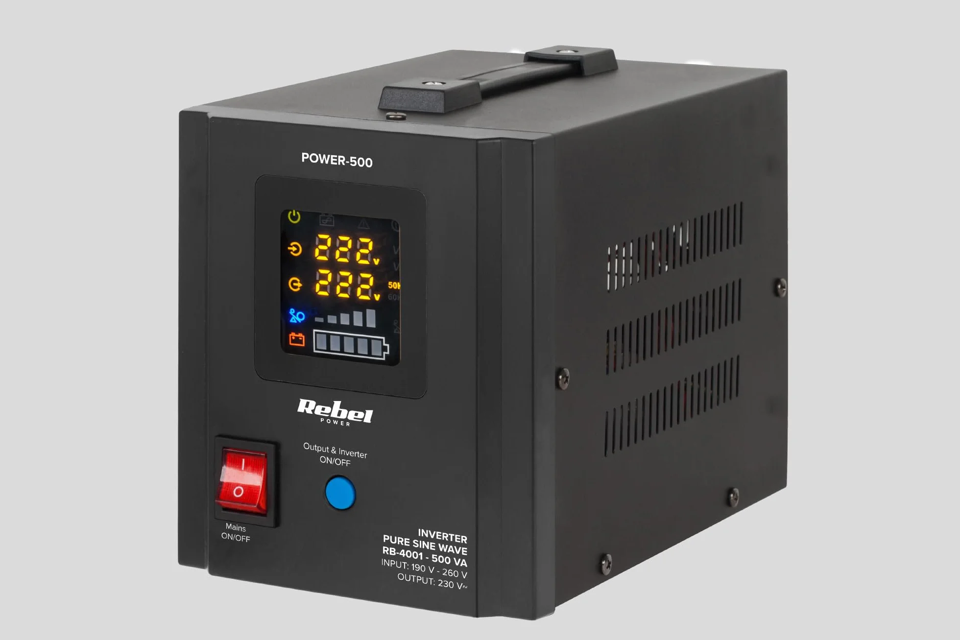 Zasilacz Awaryjny Rebel POWER-500 przetwornica z czystym przebiegiem sinusoidalnym i funkcją ładowania 12V 230V 500VA/300W RB-4001