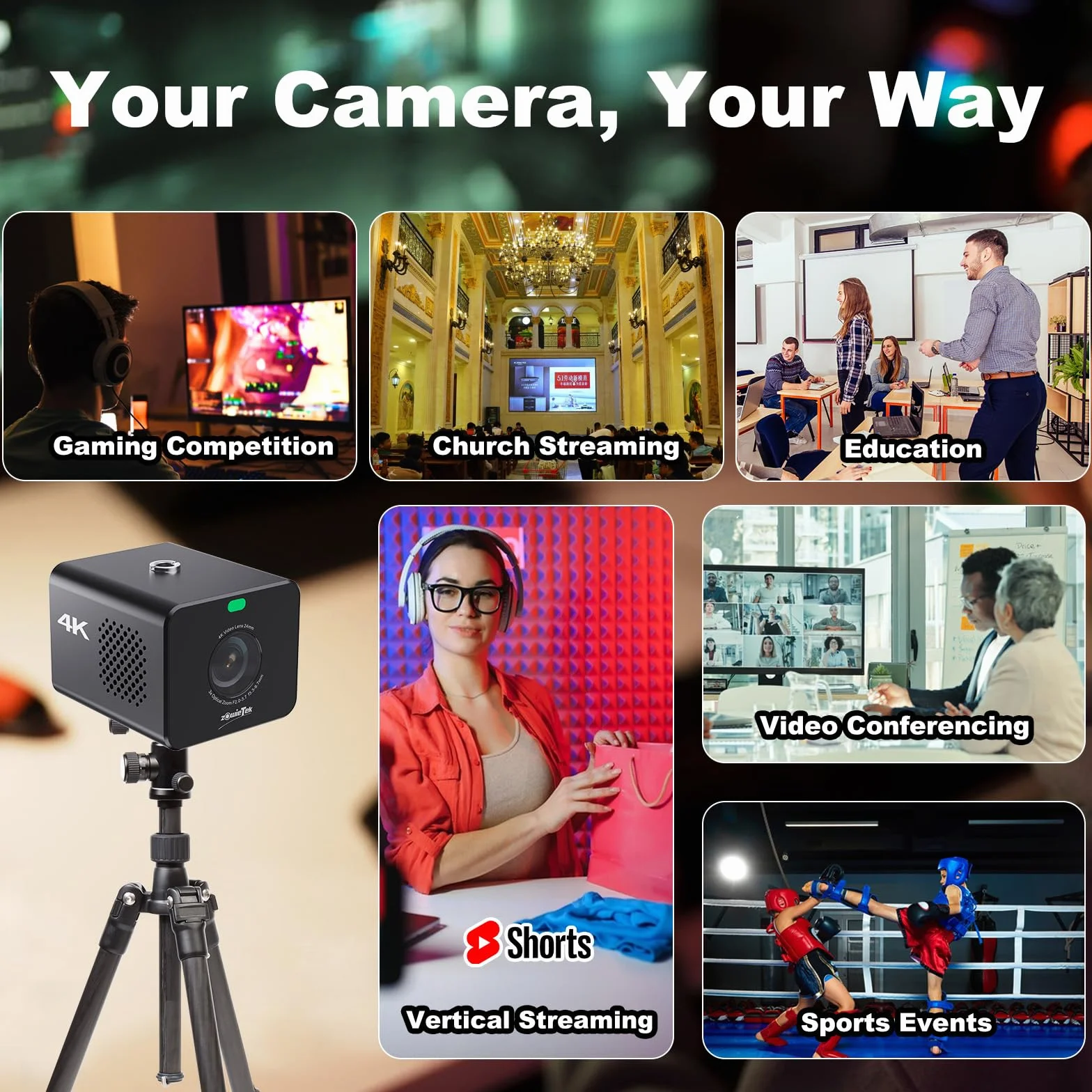 zowietek Kamera 4K POV z zoomem NDI|HX3, ZowieCam, automatyczne ustawianie ostrości, wyjście SDI, HDMI i UVC, 3-krotny zoom optyczny, kompaktowy rozmiar, mobilne elastyczne sterowanie, zasilanie PoE