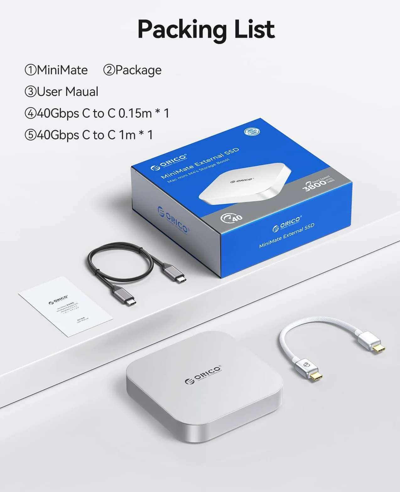 ORICO Minimate Mac mini M4 SSD 4 TB pamięci, zewnętrzne rozszerzenie SSD do Mac mini M4/M4 Pro, zewnętrzny dysk SSD NVMe (niewymienny) do 40 Gb/s (3800 MB/s) – srebrny