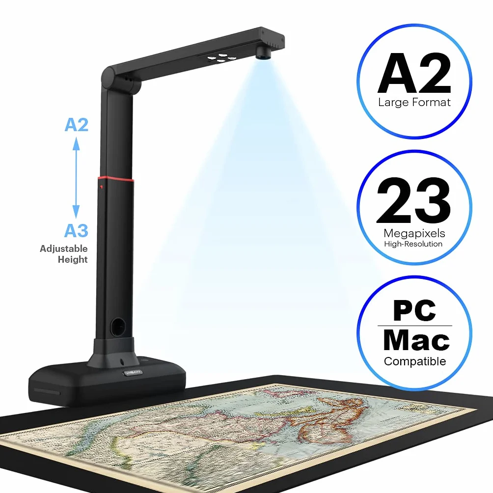 VIISAN S21 A2 Skaner napowietrzny, 23 MP i 600 dpi, automatyczna korekta strony, OCR w ponad 130 językach, światło LED, idealny do archiwizacji, szkoły i biura