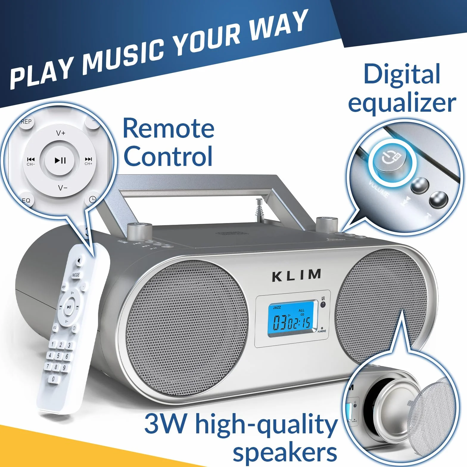 KLIM Boombox B4 odtwarzacz CD przenośny system audio + radio AM/FM z odtwarzaczem CD, MP3, Bluetooth, AUX, USB + tryb przewodowy i bezprzewodowy, akumulator + pilot zdalnego sterowania, automatyczne