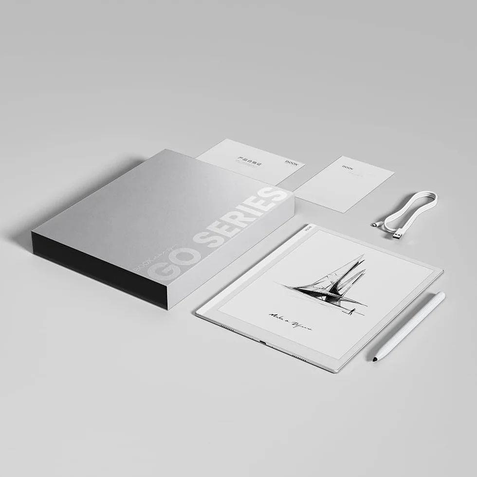 Boox Go E-Ink tablet o przek?tnej 10,3", niewielka waga, wy?wietlacz ePaper w skali szaro?ci, ty? ze skóry PU, wzór notatnika