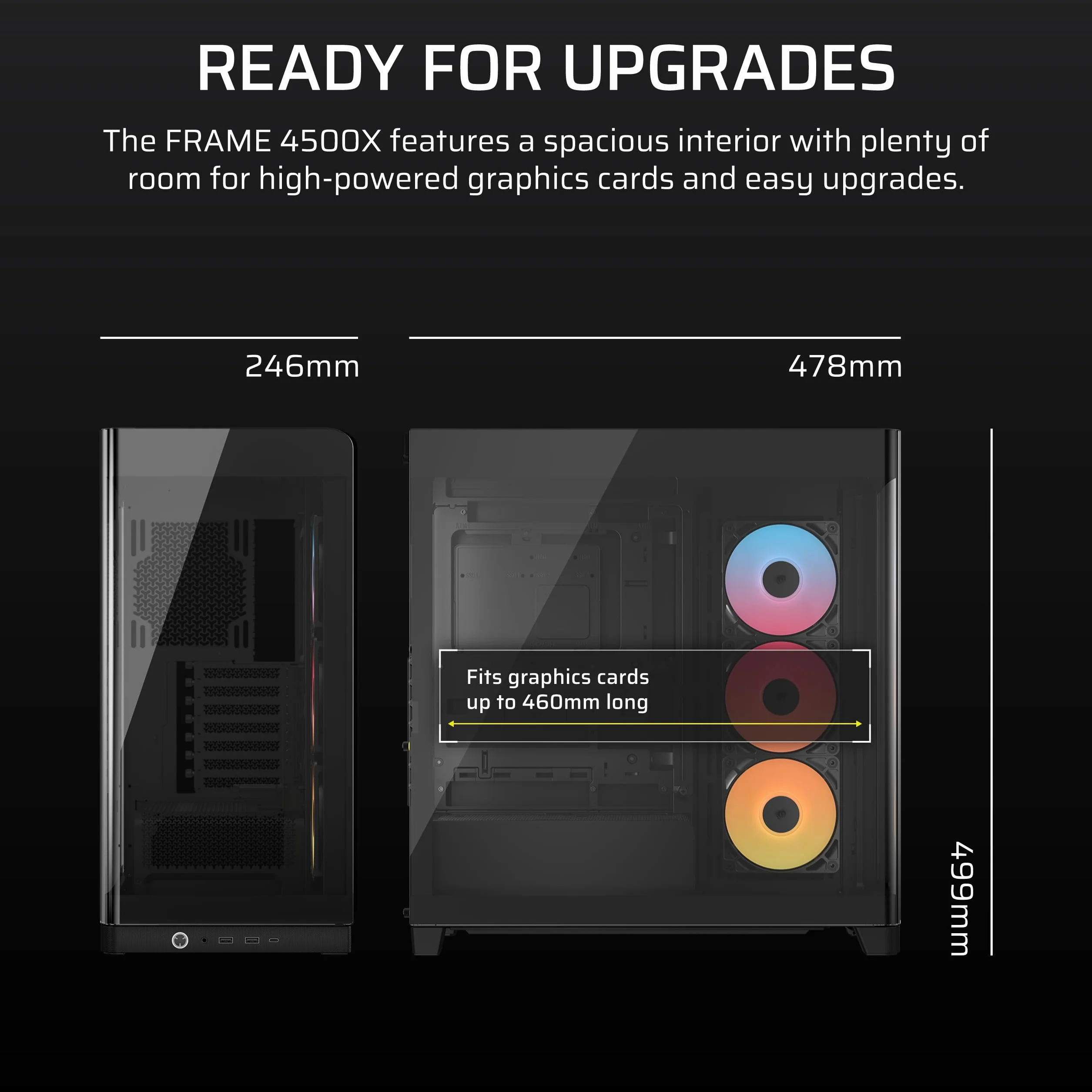 CORSAIR FRAME 4500X RS-R ARGB Panoramiczna szklana obudowa PC Mid-Tower - system montażu InfiniRail, pasuje do podwójnych grzejników 360 mm, GPU Anti-Sag, 3 x wentylatory RS120R w zestawie - czarna