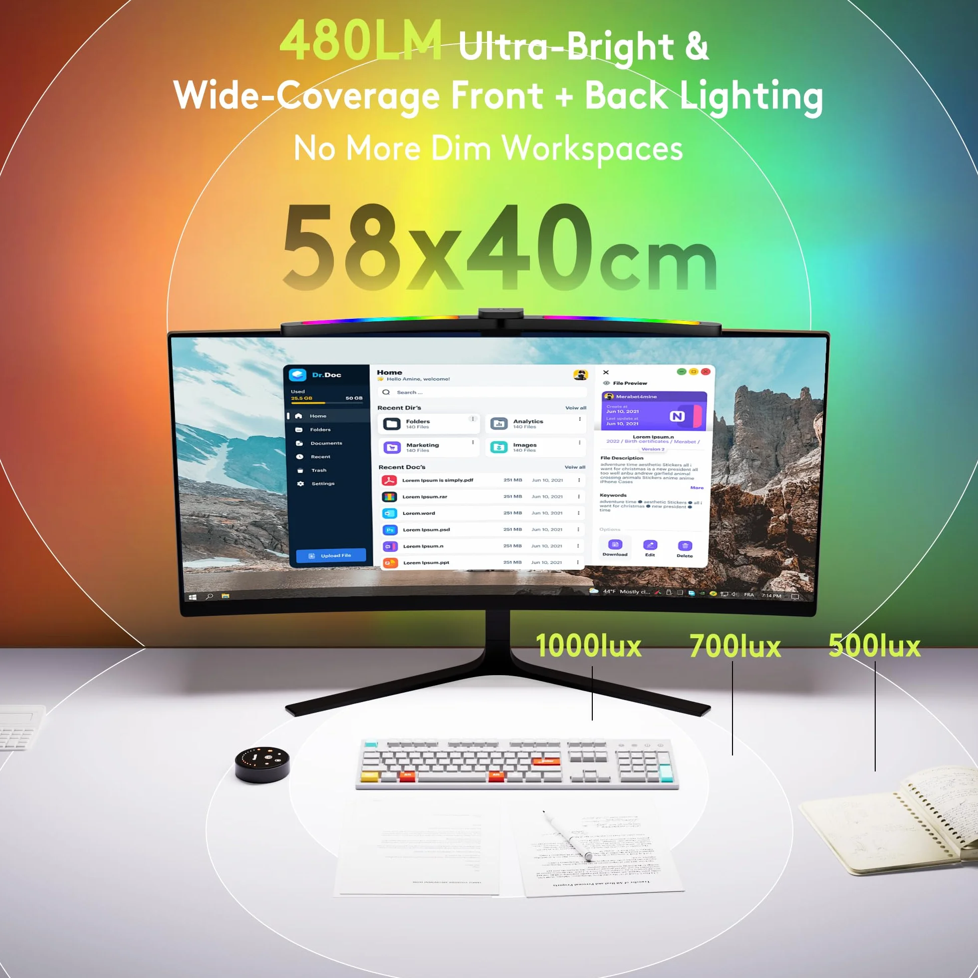 Quntis 66CM zakrzywiona lampa do monitora z pilotem i podświetleniem RGB, składana lampa do monitora z automatycznym ściemnianiem, regulowaną jasnością i temperaturą barwową
