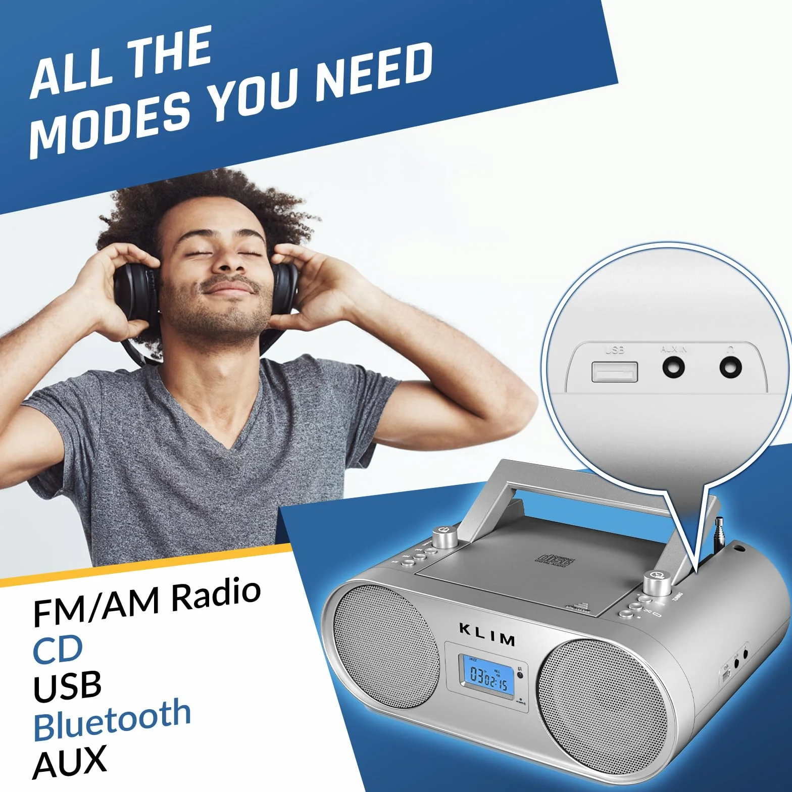 KLIM Boombox B4 odtwarzacz CD przenośny system audio + radio AM/FM z odtwarzaczem CD, MP3, Bluetooth, AUX, USB + tryb przewodowy i bezprzewodowy, akumulator + pilot zdalnego sterowania, automatyczne