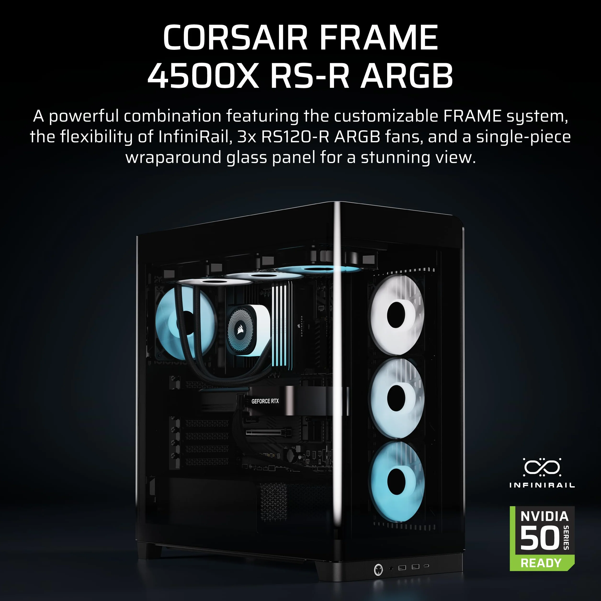 CORSAIR FRAME 4500X RS-R ARGB Panoramiczna szklana obudowa PC Mid-Tower - system montażu InfiniRail, pasuje do podwójnych grzejników 360 mm, GPU Anti-Sag, 3 x wentylatory RS120R w zestawie - czarna