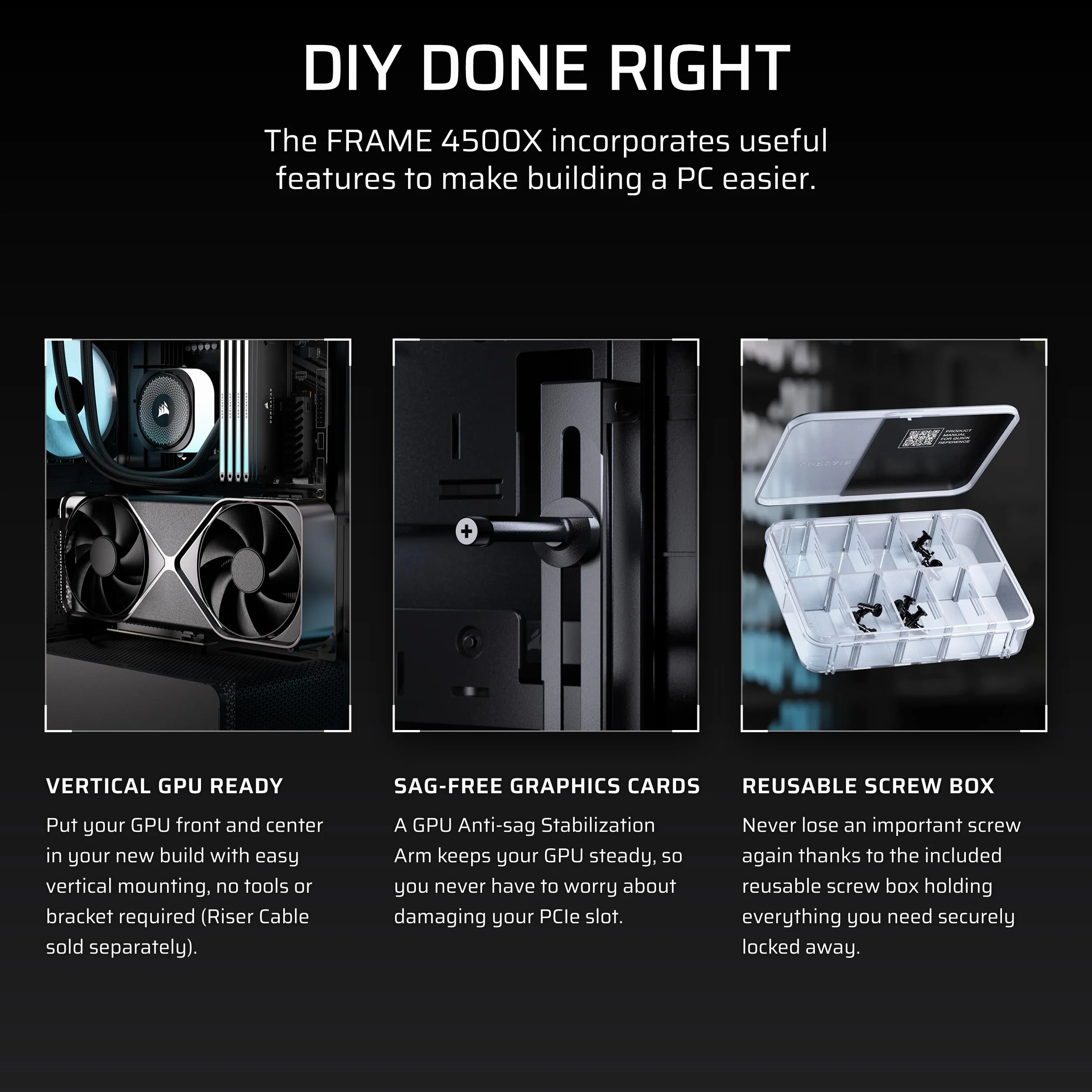 CORSAIR FRAME 4500X RS-R ARGB Panoramiczna szklana obudowa PC Mid-Tower - system montażu InfiniRail, pasuje do podwójnych grzejników 360 mm, GPU Anti-Sag, 3 x wentylatory RS120R w zestawie - czarna