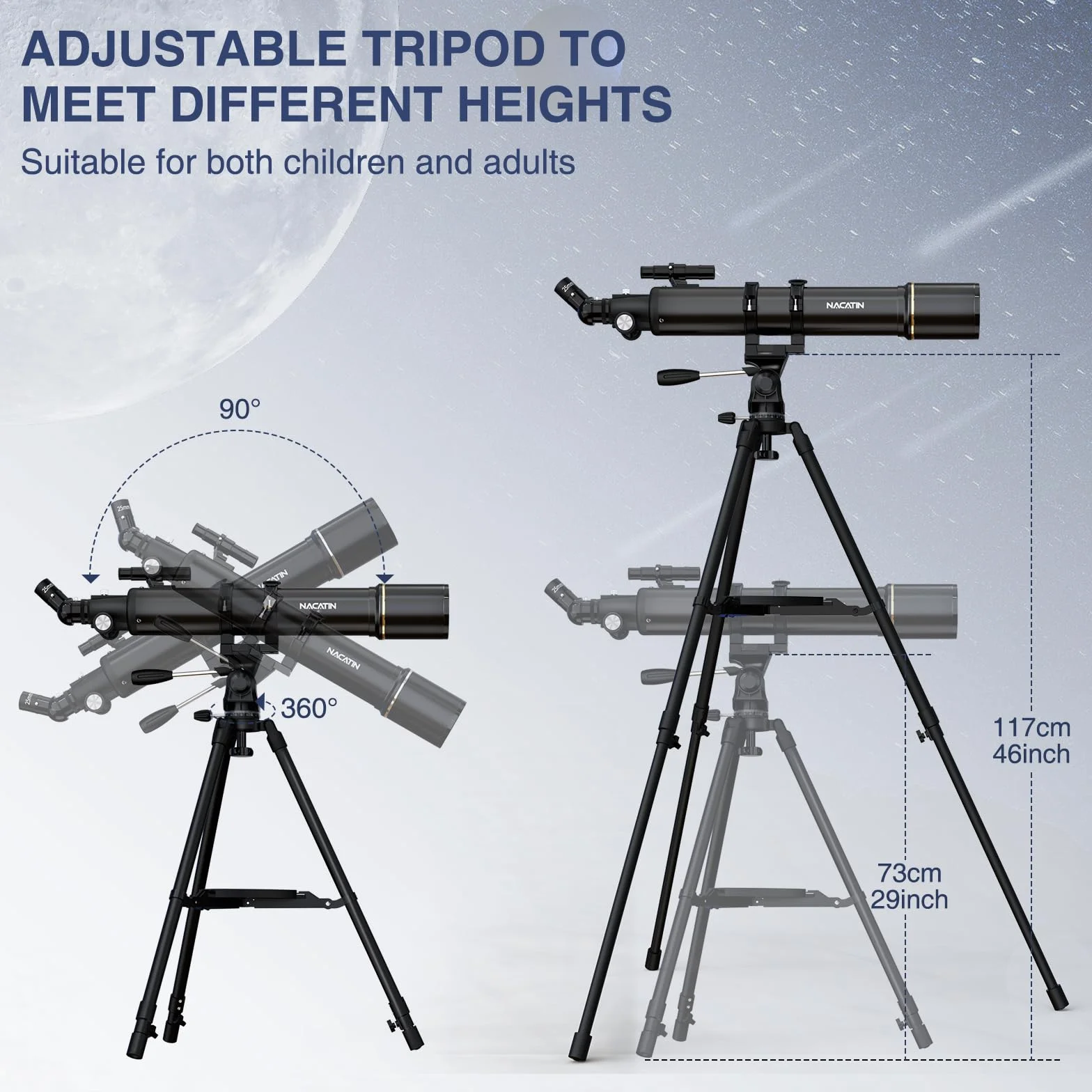 Teleskop astronomiczny dla dorosłych i początkujących – otwór 90 mm, refraktor 800 mm, z powiększeniem 32X-240X, stabilny żelazny statyw, adapter do smartfona i plecak – na księżyc, planety i gwiazdy